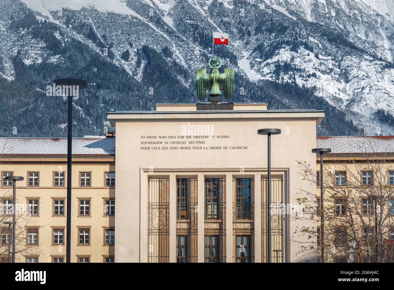 New Tyrol Parliament Building with Tyrol flag and Liberation Monument - Innsbruck, Tyrol, Austria Stock Photo