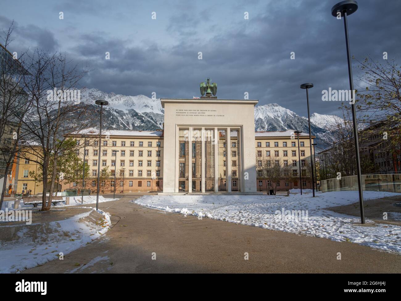 New Tyrol Parliament Building and Liberation Monument - Innsbruck, Tyrol, Austria Stock Photo