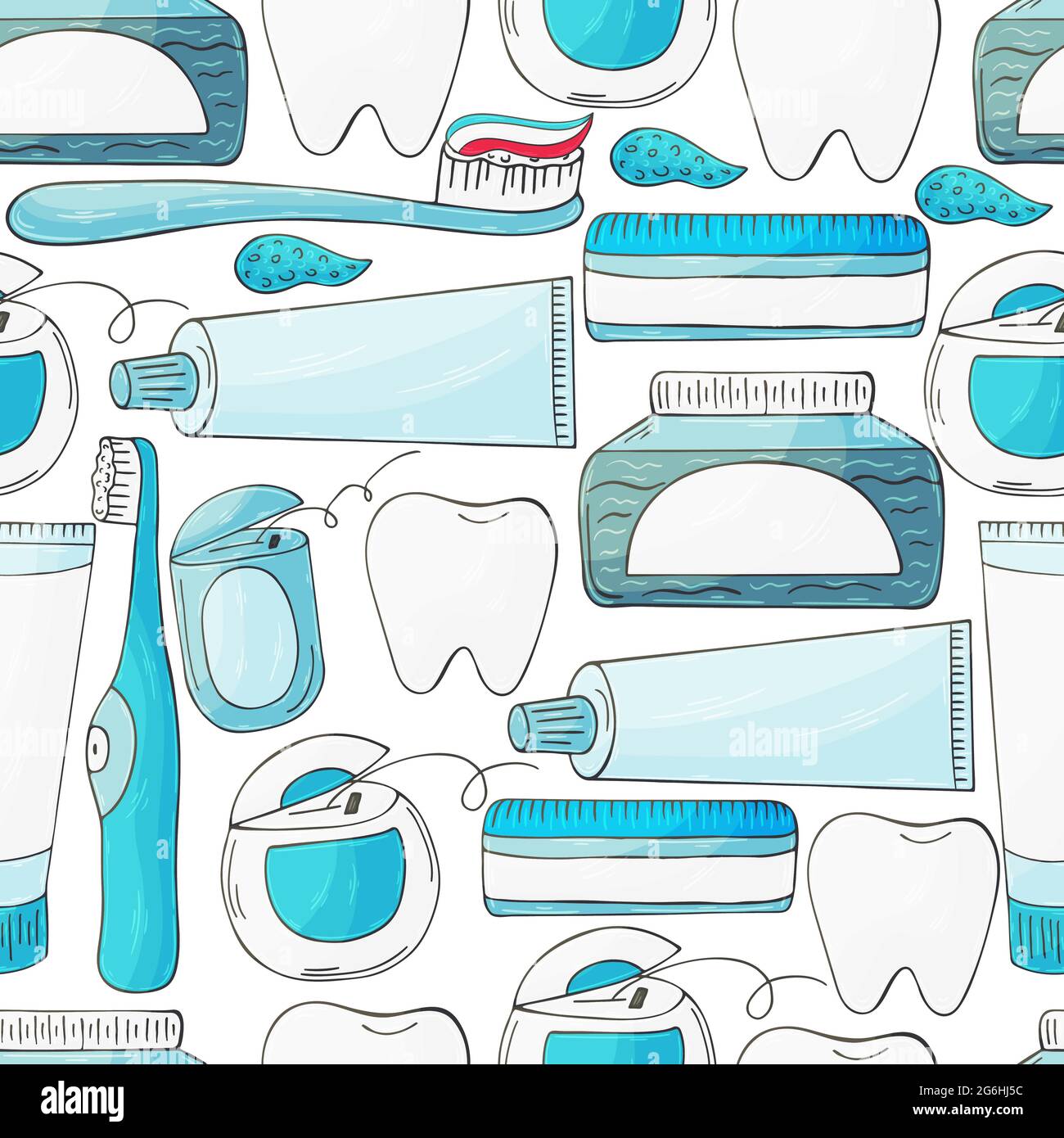 Seamless pattern on a white background. Cartoon elements in hand draw style. Background for packaging, advertising. Dental health, toothpaste Stock Vector