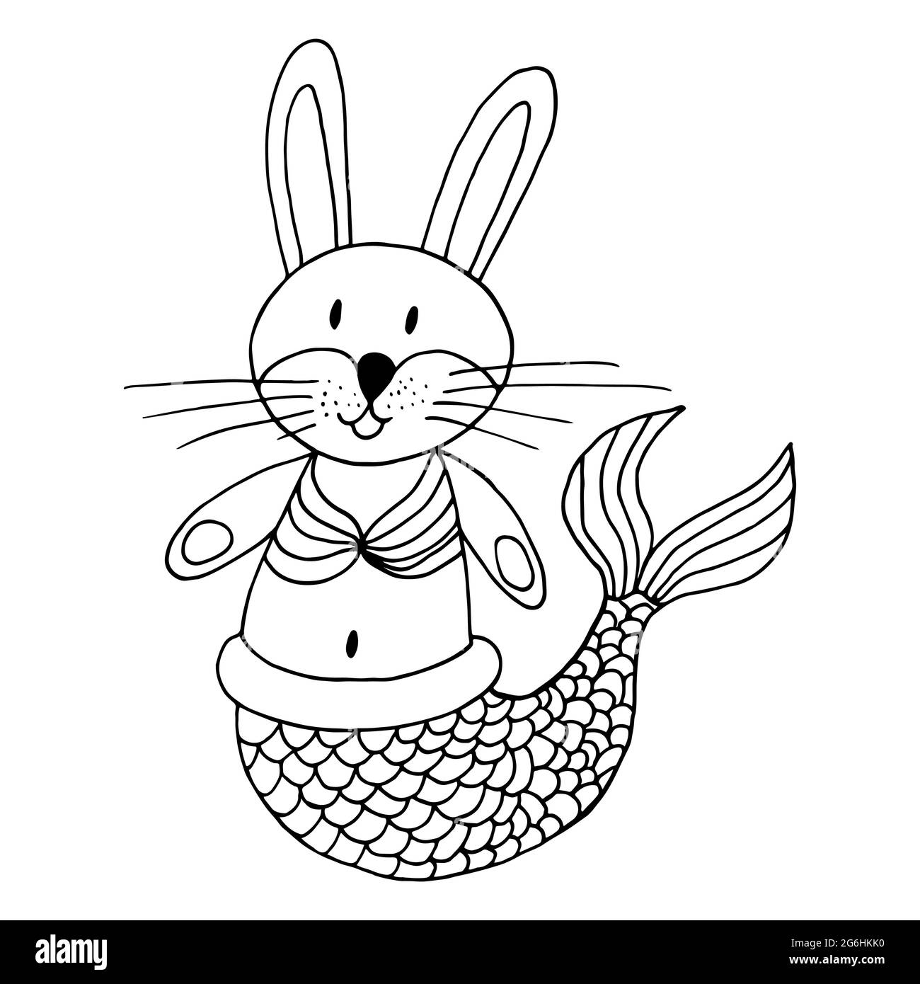 Contour. Bunny mermaid. Marine theme icon in hand draw style. Cute ...