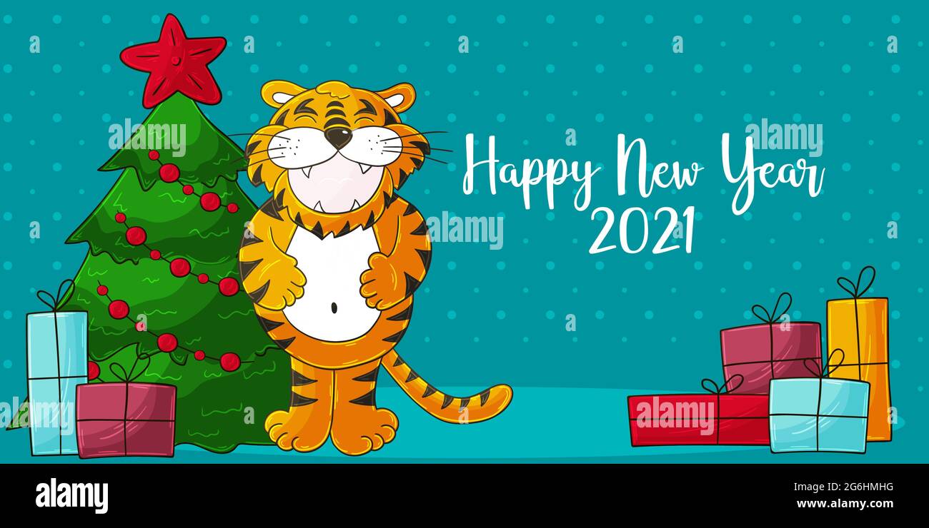 How Much Longer Is It Befoe Christmas 2022 Astrological Symbol Of 2022. Long New Year Card In Hand-Draw Style.  Christmas Tree, Gifts, Tiger. Cartoon Illustration For Postcards,  Calendars, Poste Stock Vector Image & Art - Alamy