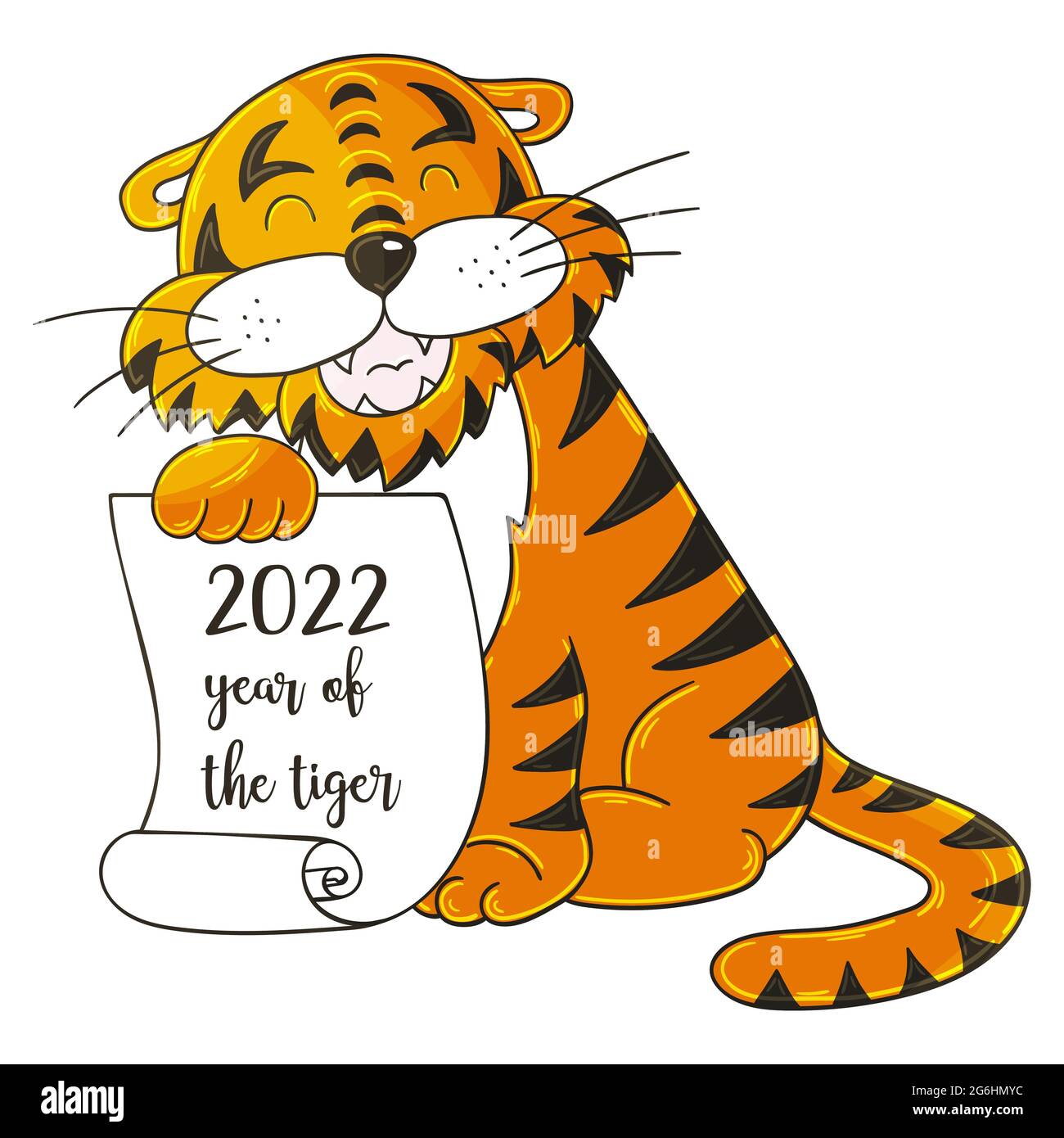 Symbol of 2022. Vector illustration with tiger in hand draw style. New Year  2022. The tiger sits and holds a scroll. Cartoon animal for cards, calenda  Stock Vector Image & Art - Alamy