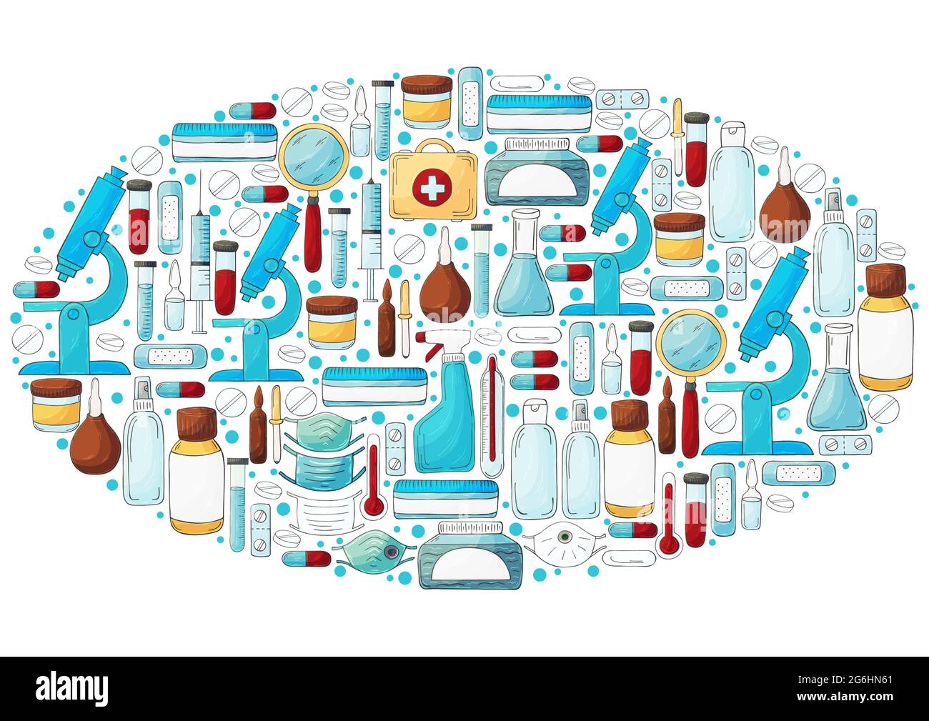 Oval Collection of vector illustration. Laboratory assistant doctor tools set in hand draw style. Analysis tools, virus search. Doctor's case, microsc Stock Vector