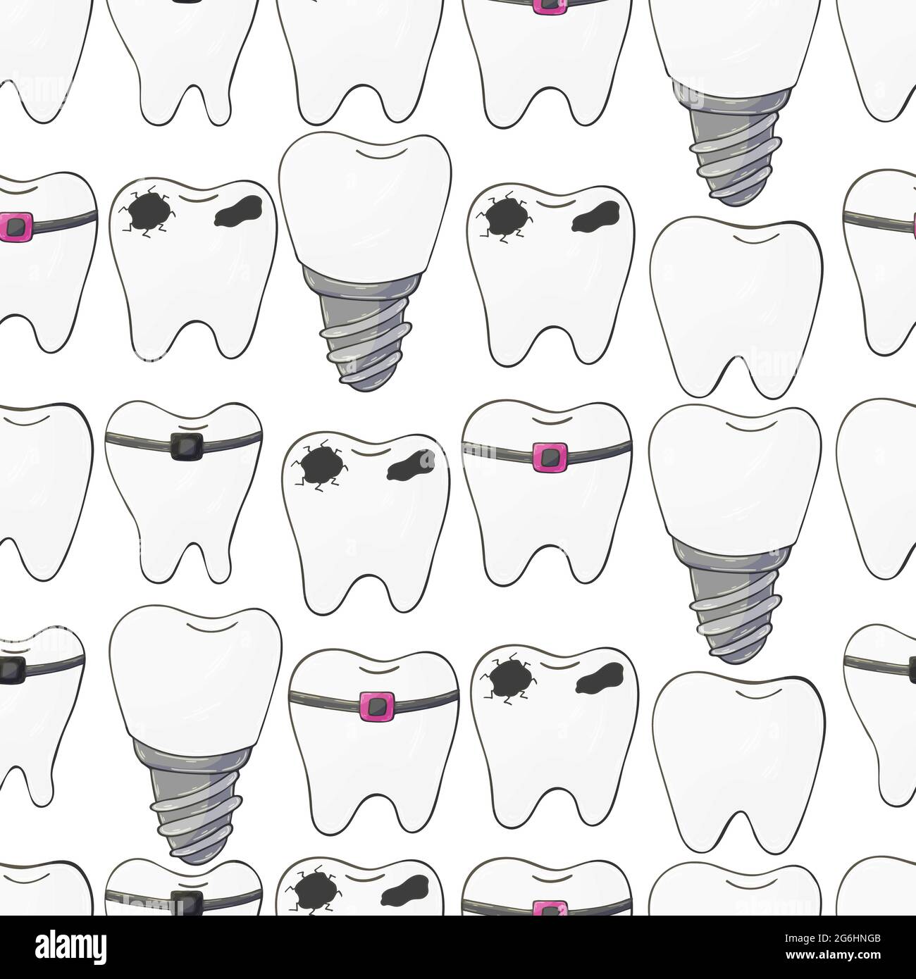 Seamless pattern on a white background. Cartoon teeth in hand draw ...