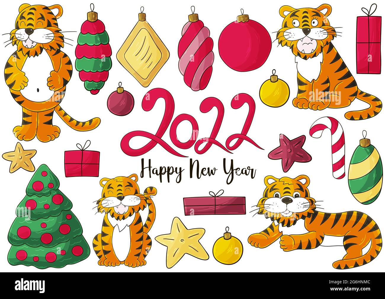 Symbol of 2022. Set of tigers and new year elements in hand draw style. Collection of vector illustrations Stock Vector