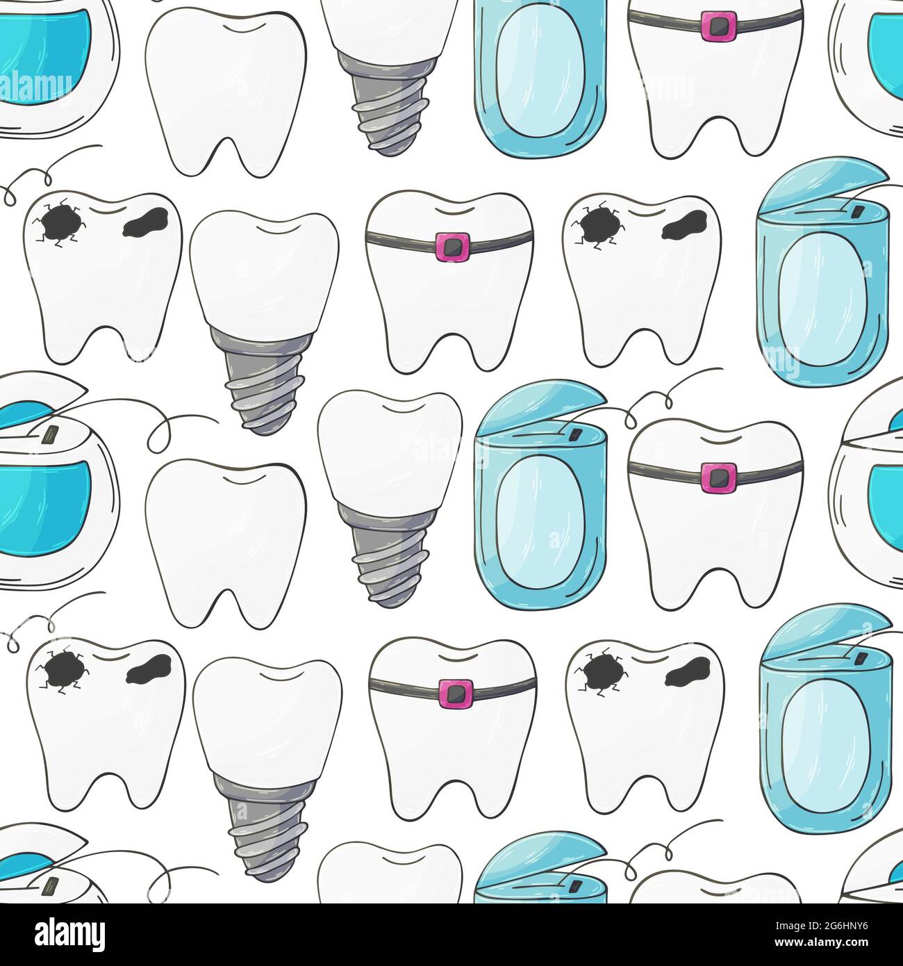 Seamless pattern on a white background. Cartoon teeth in hand draw ...