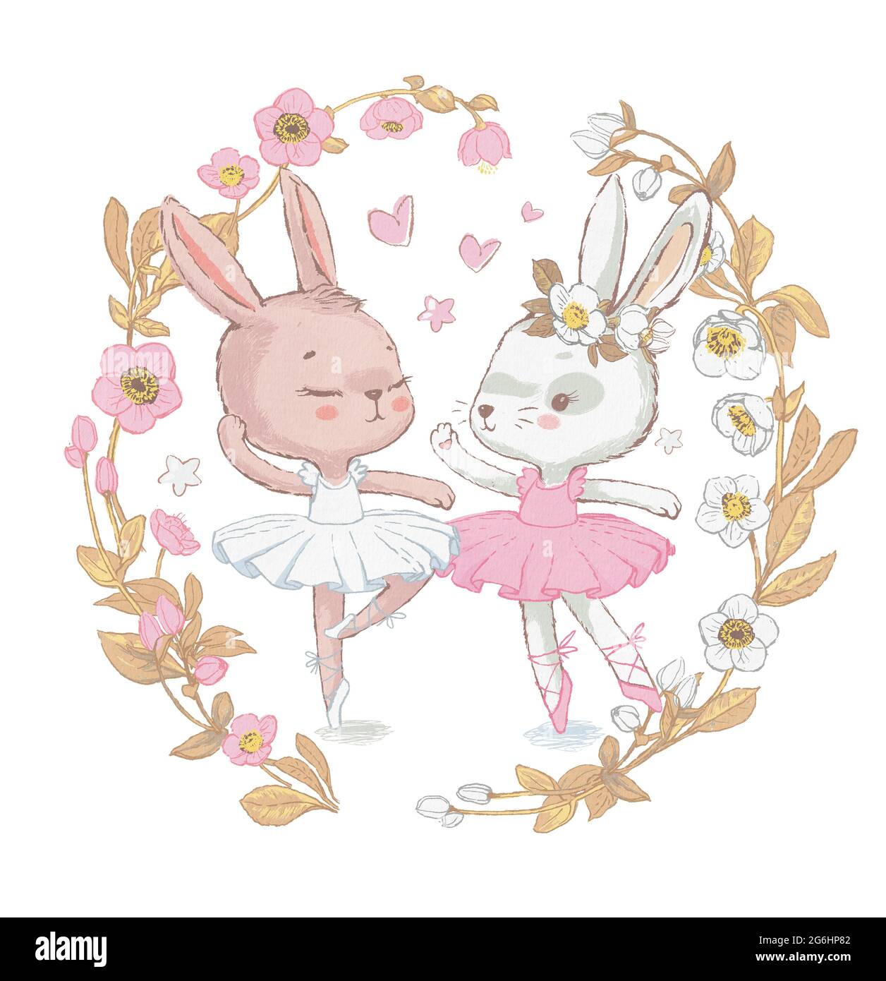 Two Adorable ballerina bunnies illustration surrounded by floral wreath. White dancing rabbits illustration. Can be used for t-shirt print, kids wear Stock Photo
