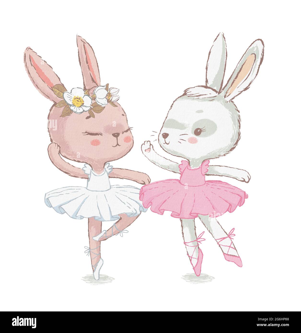 Two Adorable ballerina bunnyes illustration. White dancing rabbits illuatration. Can be used for t-shirt print, kids wear fashion design, baby shower Stock Photo