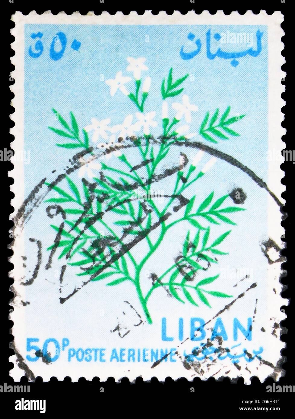 MOSCOW, RUSSIA - APRIL 28, 2020: Postage stamp printed in Lebanon shows Jasminum sp., Flowers serie, circa 1964 Stock Photo