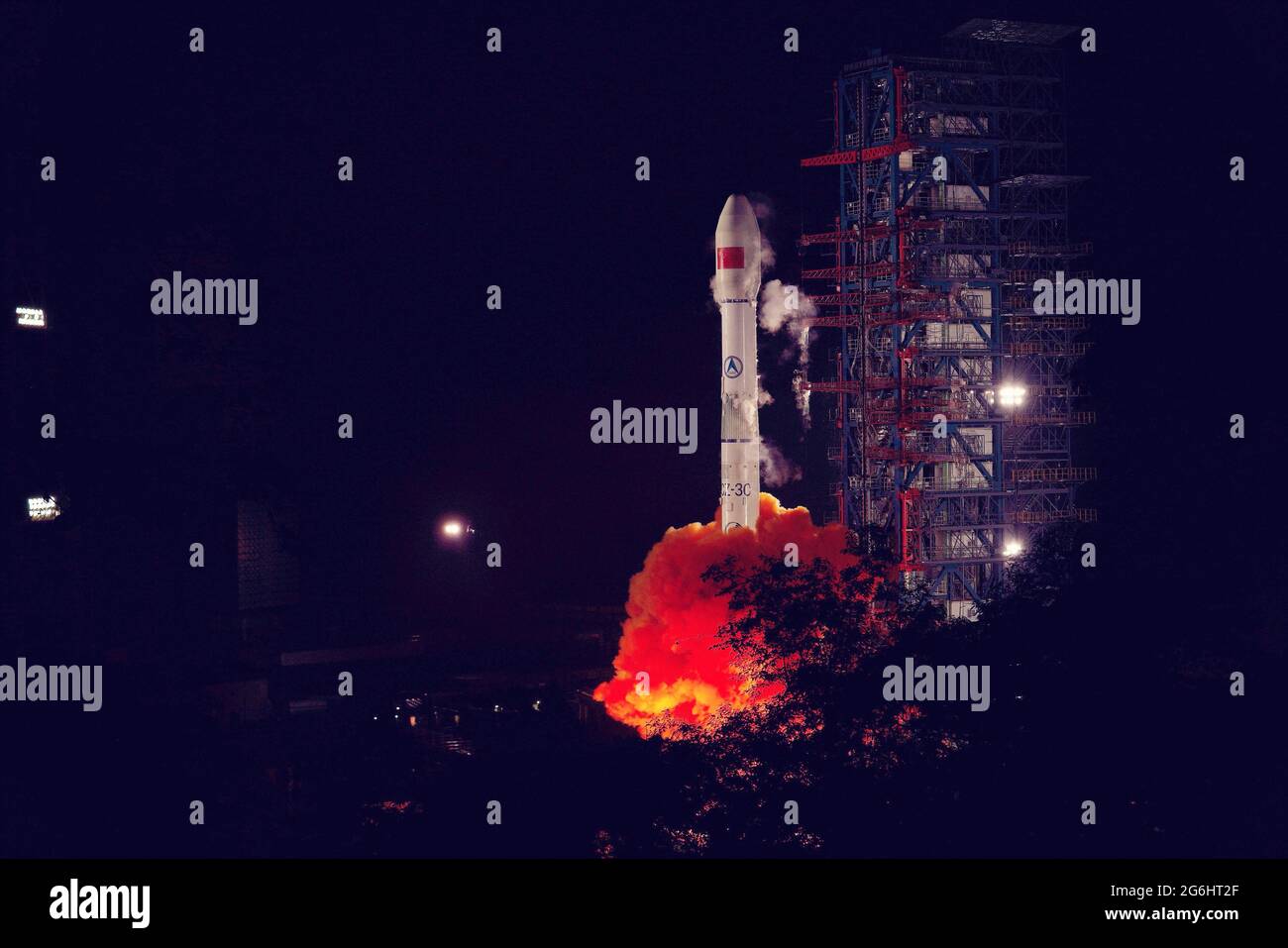 Xichang. 6th July, 2021. A Long March3C carrier rocket blasts off from