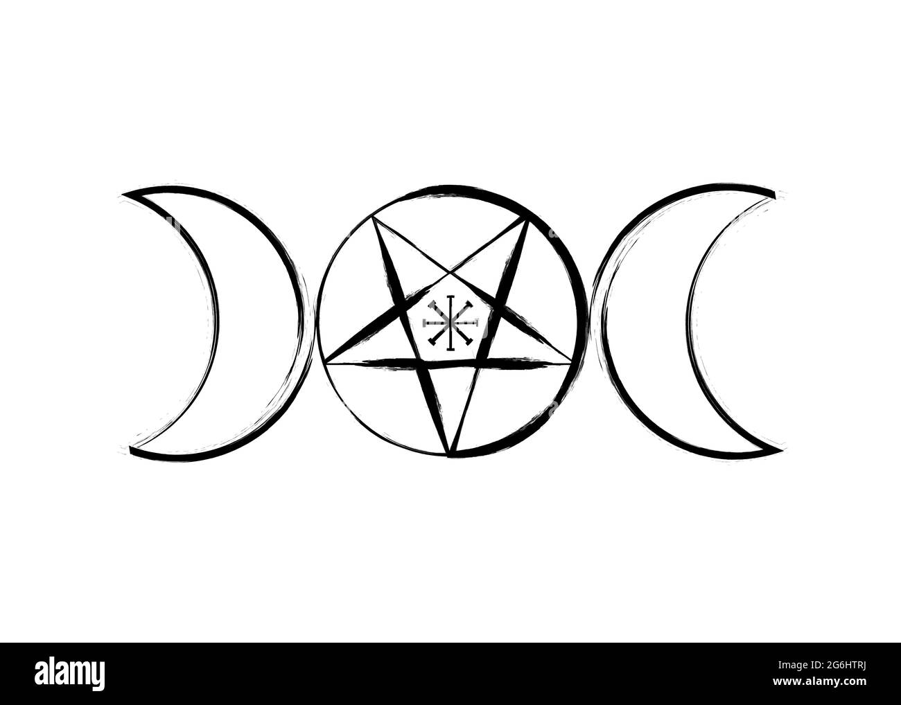 Triple Moon Goddess Wicca Pentacle symbol, pagan witchcraft icon in brush stroke style. Vector isolated on white background Stock Vector
