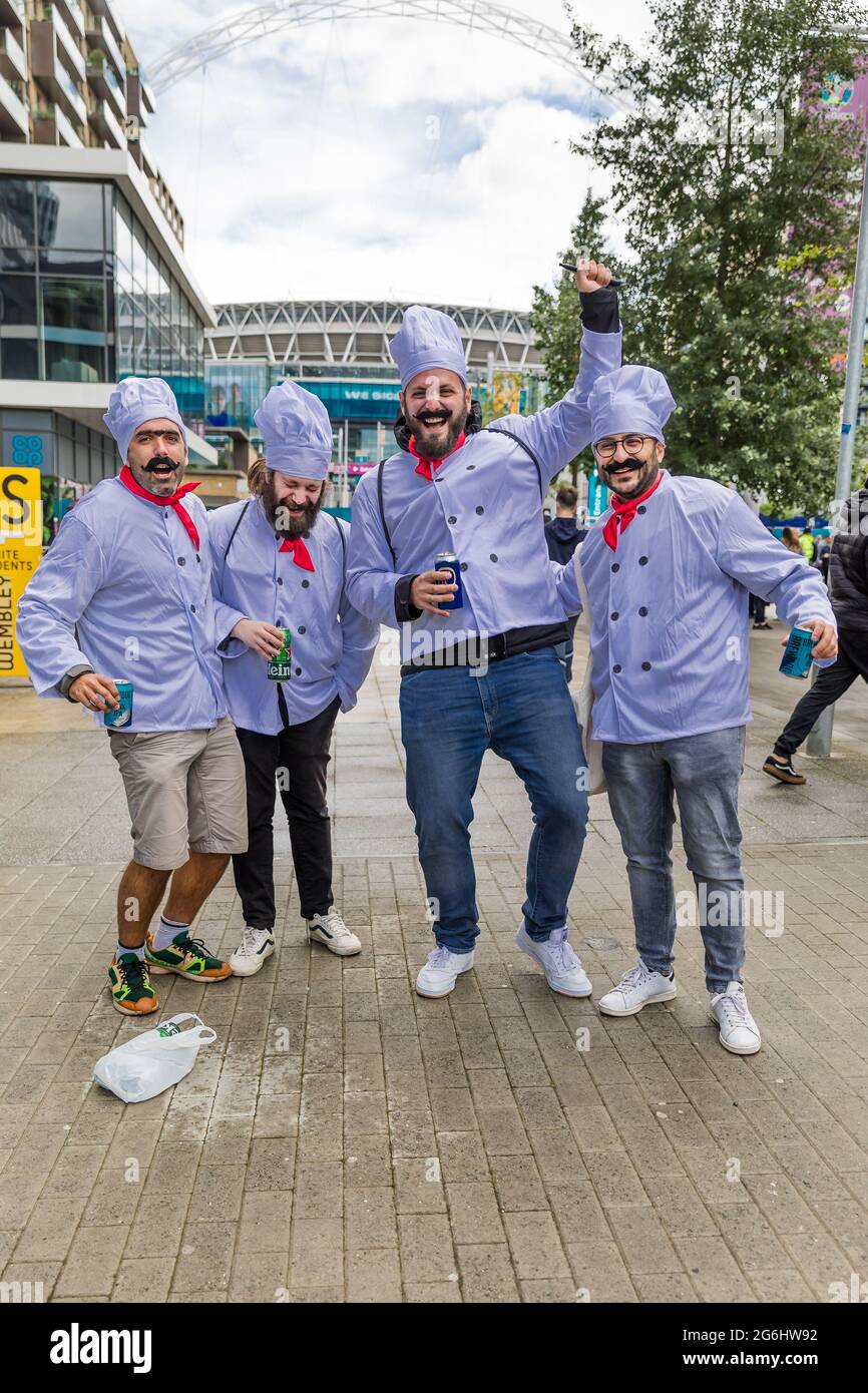 Wembley Stadium, Wembley Park, UK. 6th July 2021.   Italy fans arriving for the first Euro 2020 semi-final at Wembley Stadium this evening.  60,000 supporters will be allowed into Wembley for both the semi-finals and final.  Amanda Rose/Alamy Live News Stock Photo