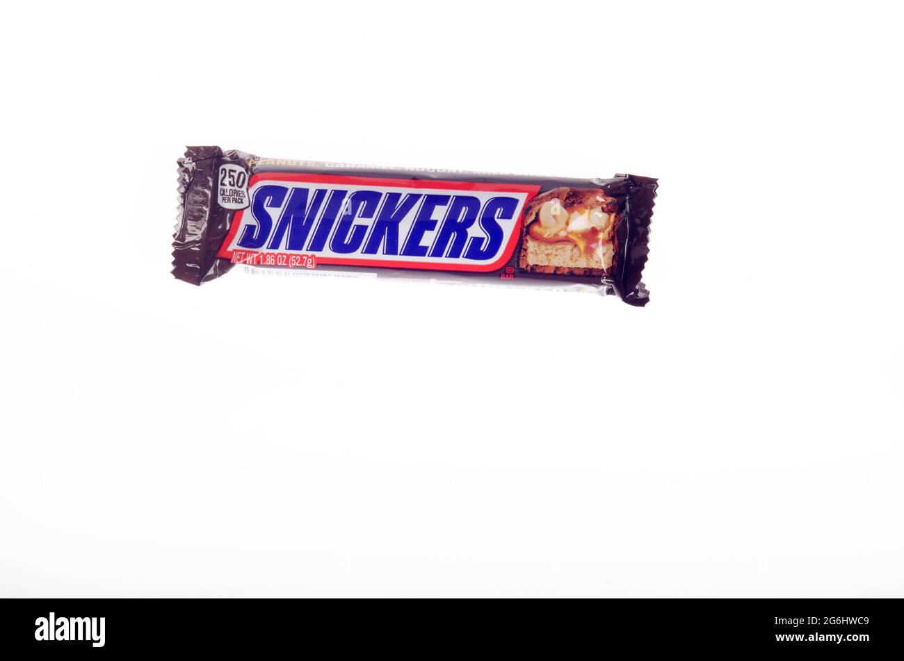 A single Fun Size Snickers candy bar isolated on white Stock Photo - Alamy