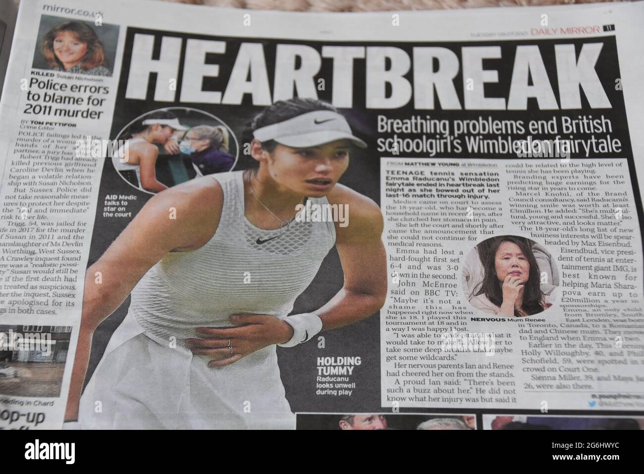 A newspaper article by the Daily Mirror about the British teenage tennis  player Emma Raducanu who made it to the last 16 of Wimbledon Stock Photo -  Alamy
