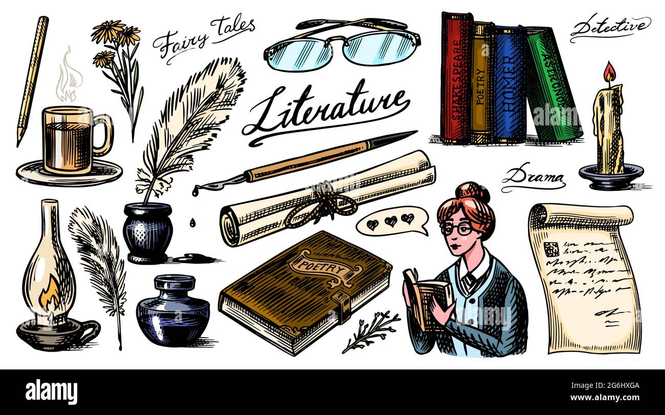Literature set. Ink and pen, typewriter, coffee and lamp, stack of books and teacher, School essay, Written work. Vintage retro signs. Doodle style Stock Vector