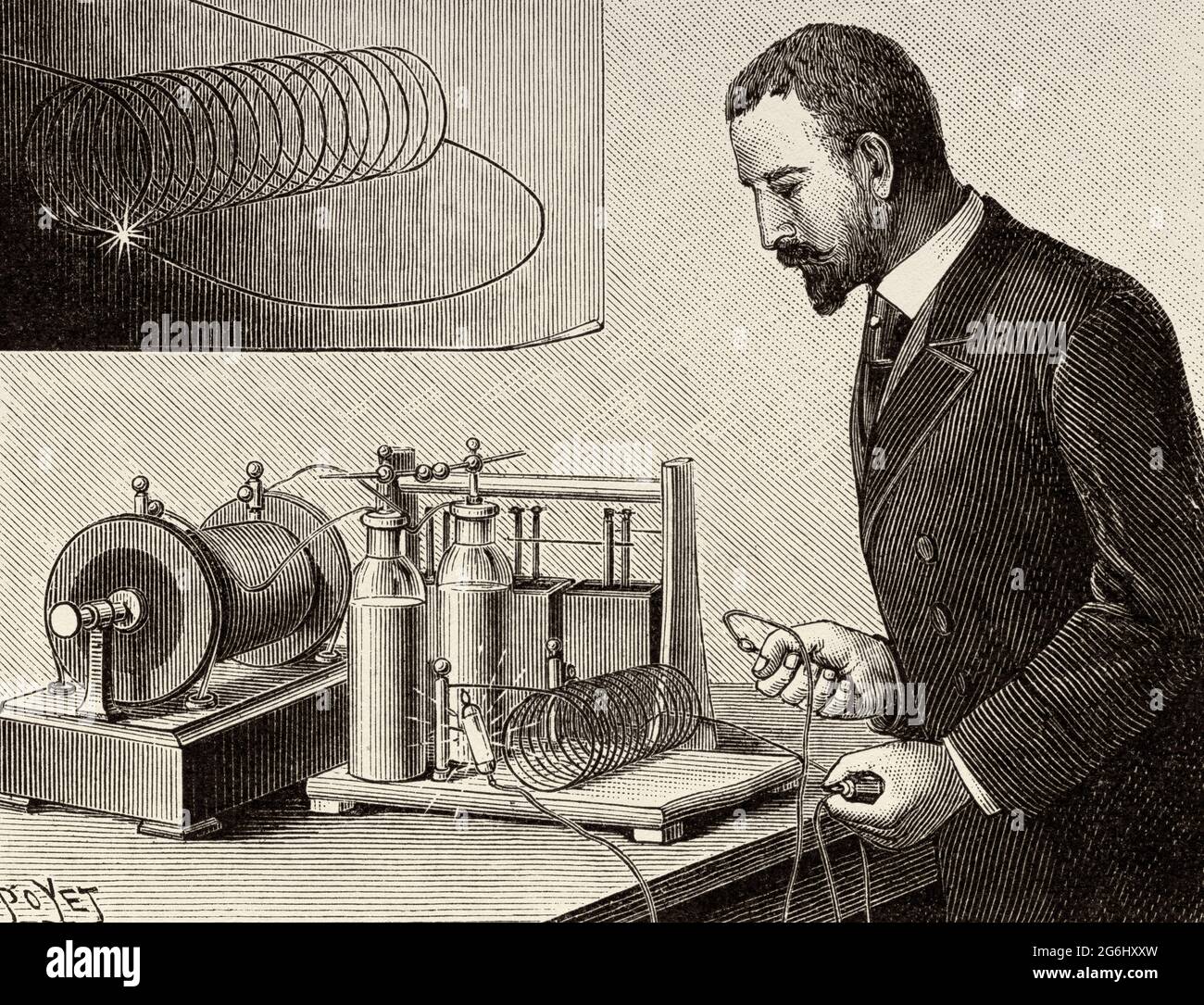 Electrophysiological experiments by Jacques-Arsène d'Arsonval (1851-1940) French physician and physicist. Apparatus for the elementary study of the properties of the oscillatory current and for the demonstration of imoedance. Old 19th century engraved illustration from La Nature 1893 Stock Photo