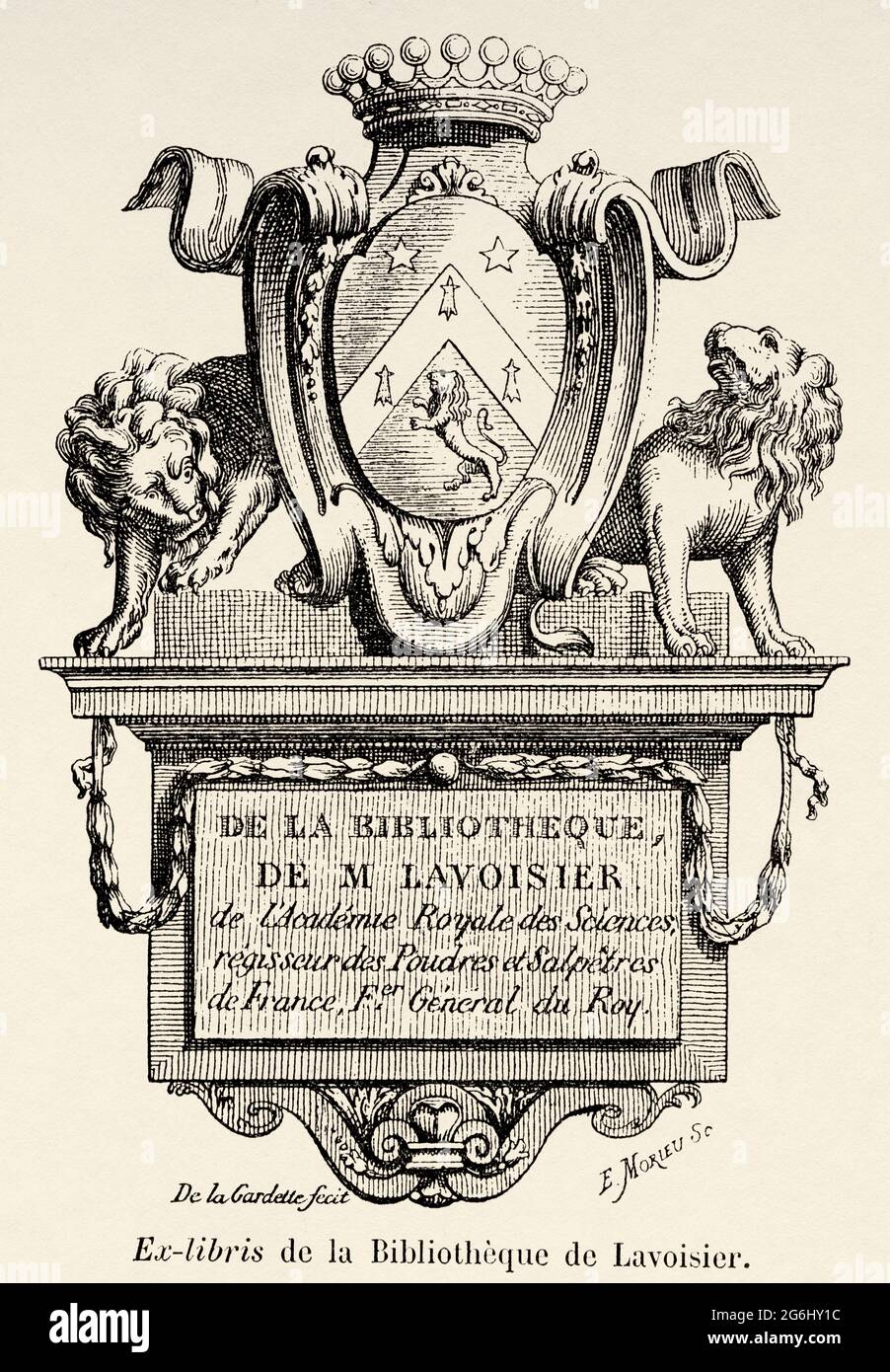 Ex-libris of the Lavoisier library, France. Old 19th century engraved illustration from La Nature 1893 Stock Photo
