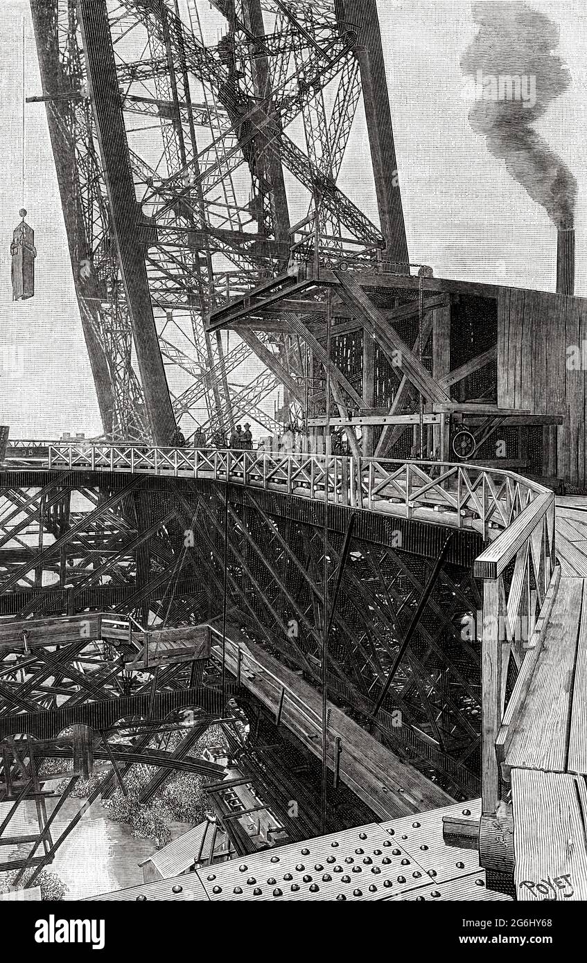 Eiffel Tower Construction in  1888. France, Europe. Old 19th century engraved illustration from La Nature 1888 Stock Photo