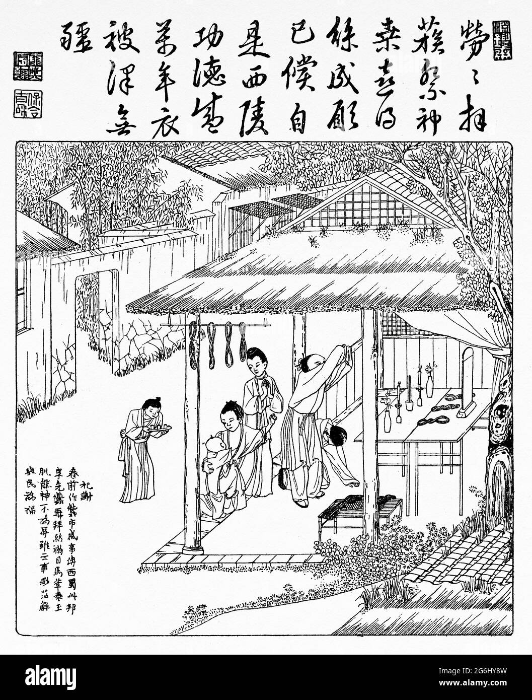 Traditional silk making in China. Old 19th century engraved ...