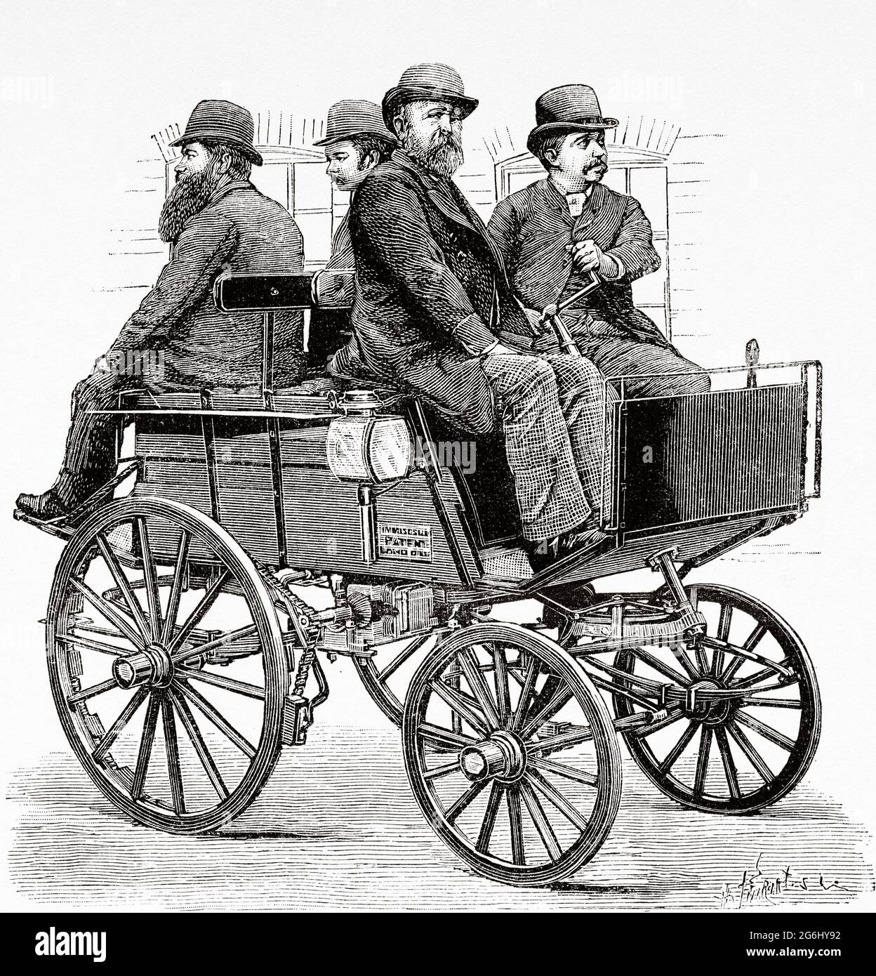 19th century automobile. Magnus Volk FII (1851–1937) British inventor and pioneering electrical engineer, built A electric car a four-wheeled carriage which was made to the order of the Sultan of the Ottoman Empire in Constantinople. Old 19th century engraved illustration from La Nature 1888 Stock Photo