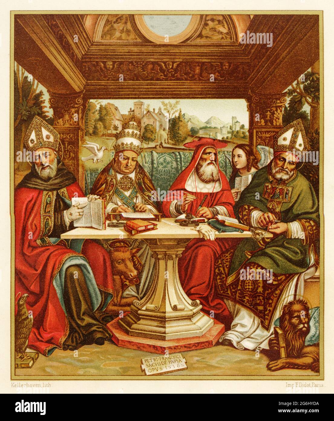 The Four Doctors of the Latin Church, painting by Sacchi di Pavia 16th century. Saint Augustine Bishop of Hipona, Pope Gregory the Great, the angel next to Saint Jerome, the lion with wings next to Saint Augustine. Old 19th century Color lithography illustration from Jesus Christ by Veuillot 1881 Stock Photo