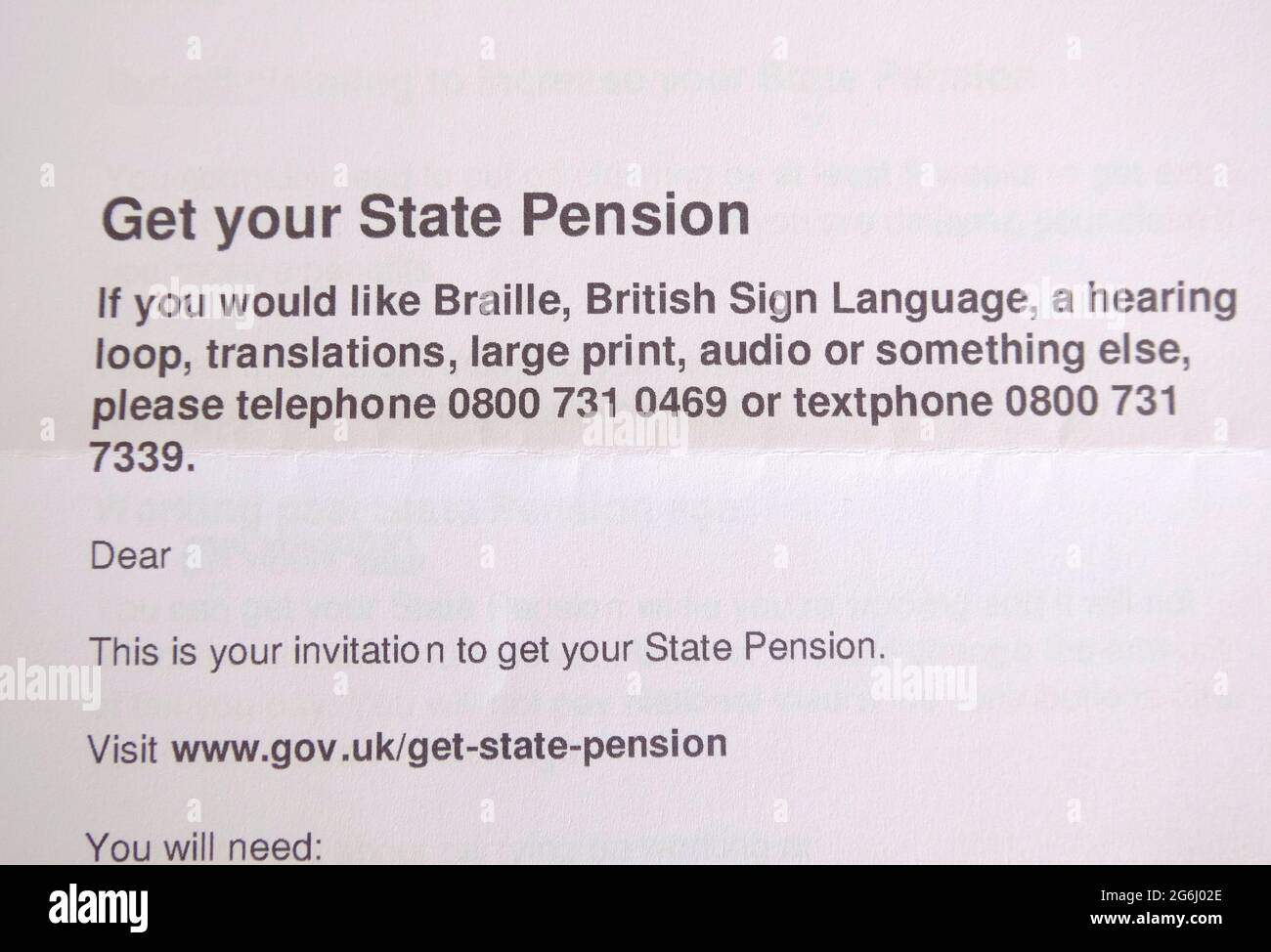 Invitation from UK government to apply for State Pension Stock Photo