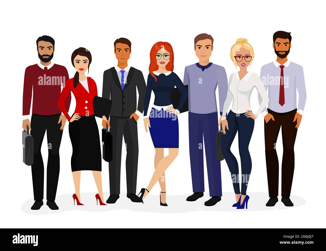 Vector illustration of cool vector set of business characters. International business team, beautiful business women and handsome businessman, group Stock Vector