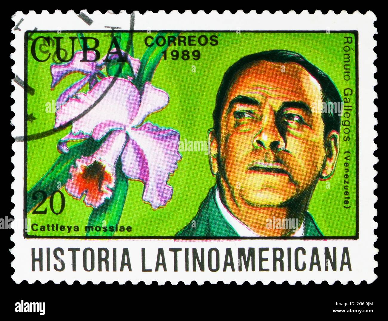 MOSCOW, RUSSIA - MARCH 21, 2020: Postage stamp printed in Cuba shows Romulo Gallegos, Latin american history serie, circa 1989 Stock Photo