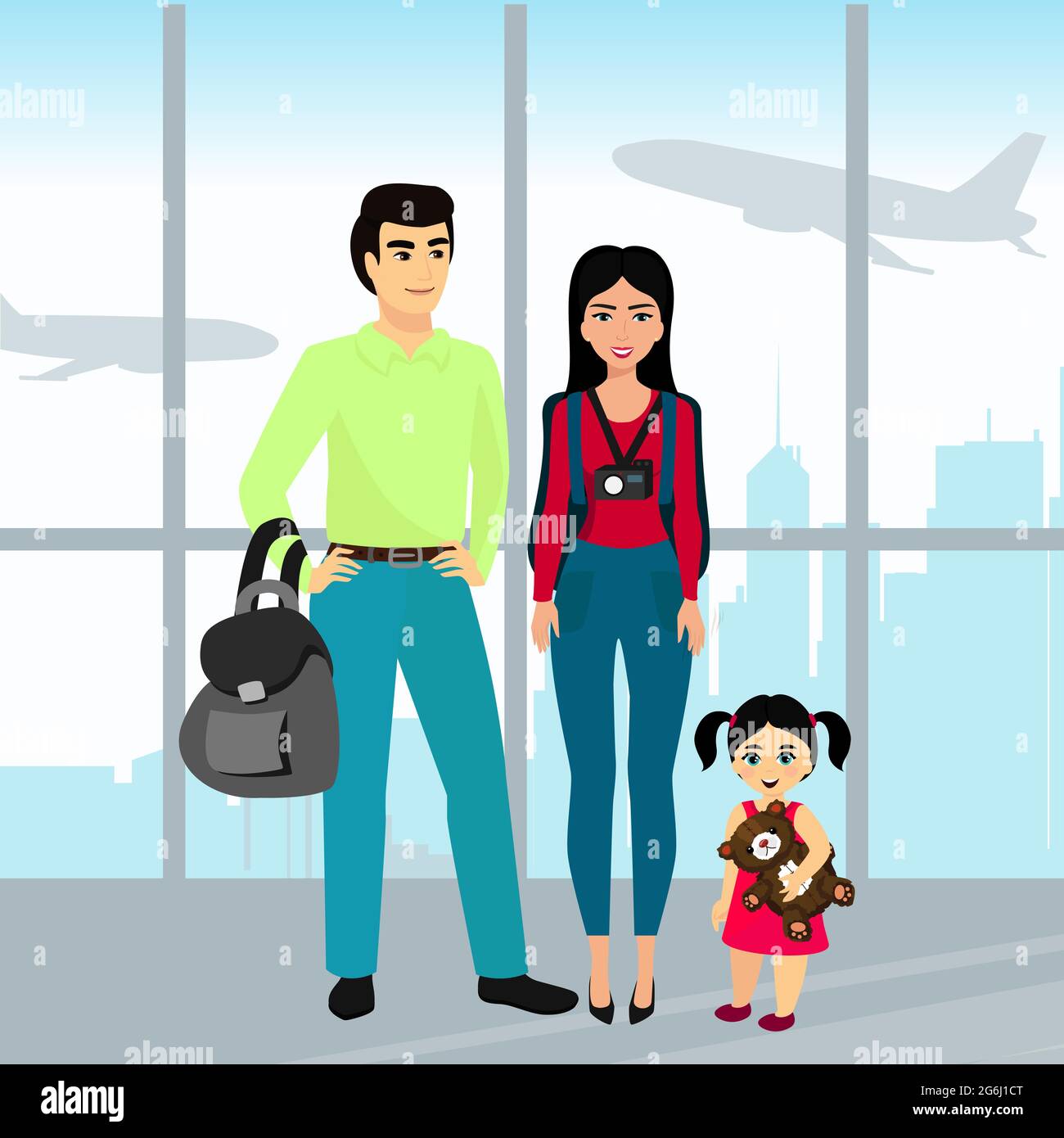 Vector illustration traveling family with luggage in the airport building. Father, mother and daughter travel together in cartoon flat style. Stock Vector
