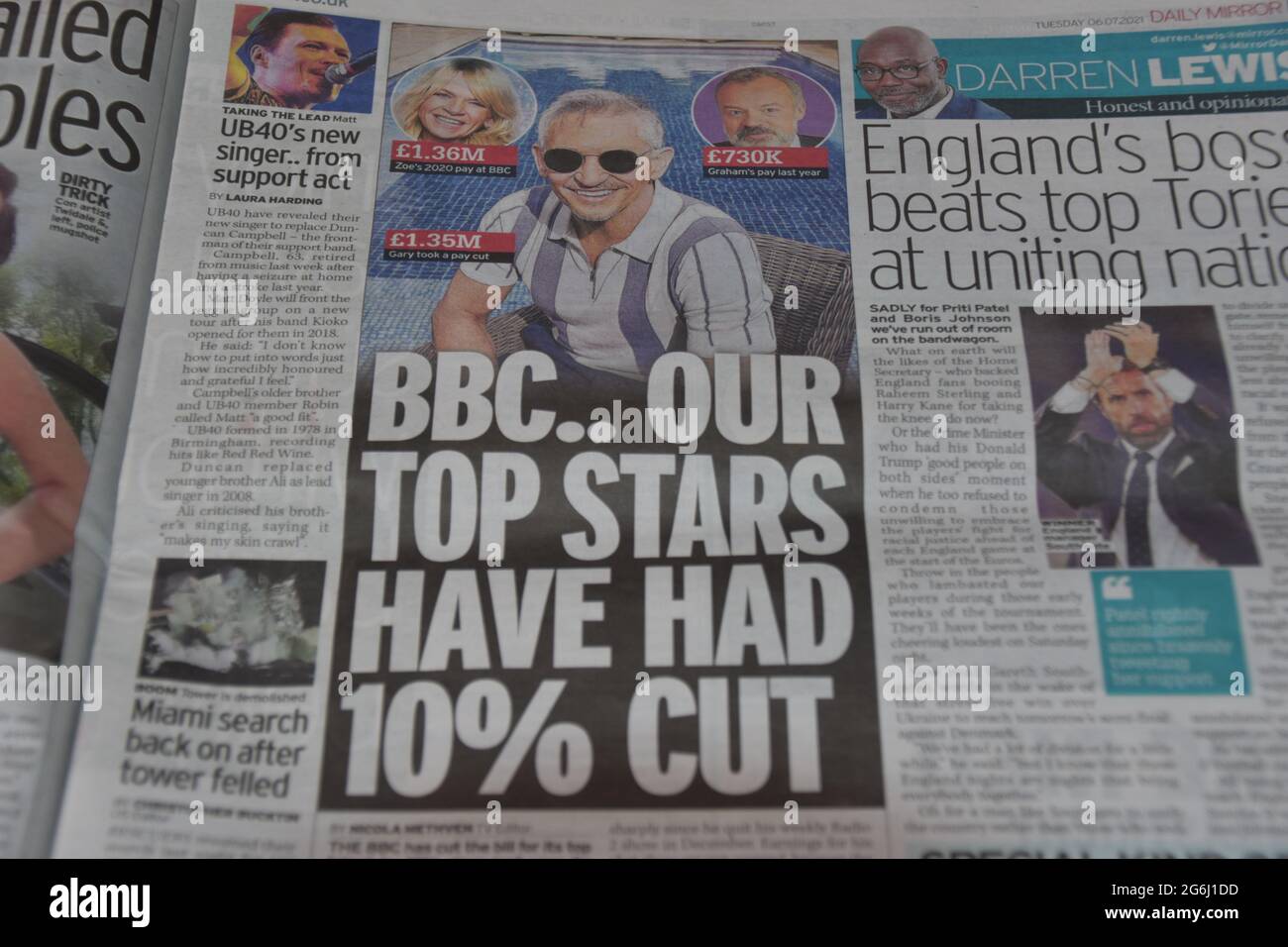 Article in the Daily Mirror (British Newspaper ) on Tuesday the 6th of July 2021 - BBC, our top stars have had 10% cut Stock Photo