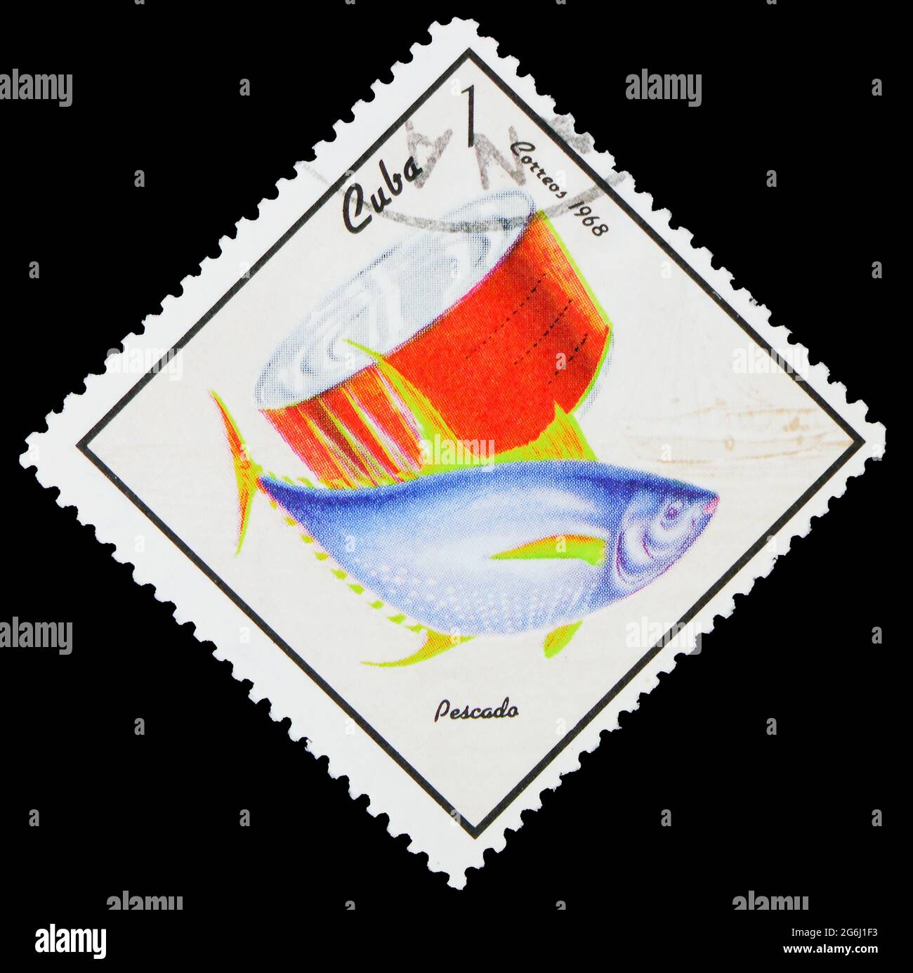 MOSCOW, RUSSIA - MARCH 21, 2020: Postage stamp printed in Cuba shows Yellowfin Tuna (Thunnus albacares), Fish Can, Food Industry serie, circa 1968 Stock Photo