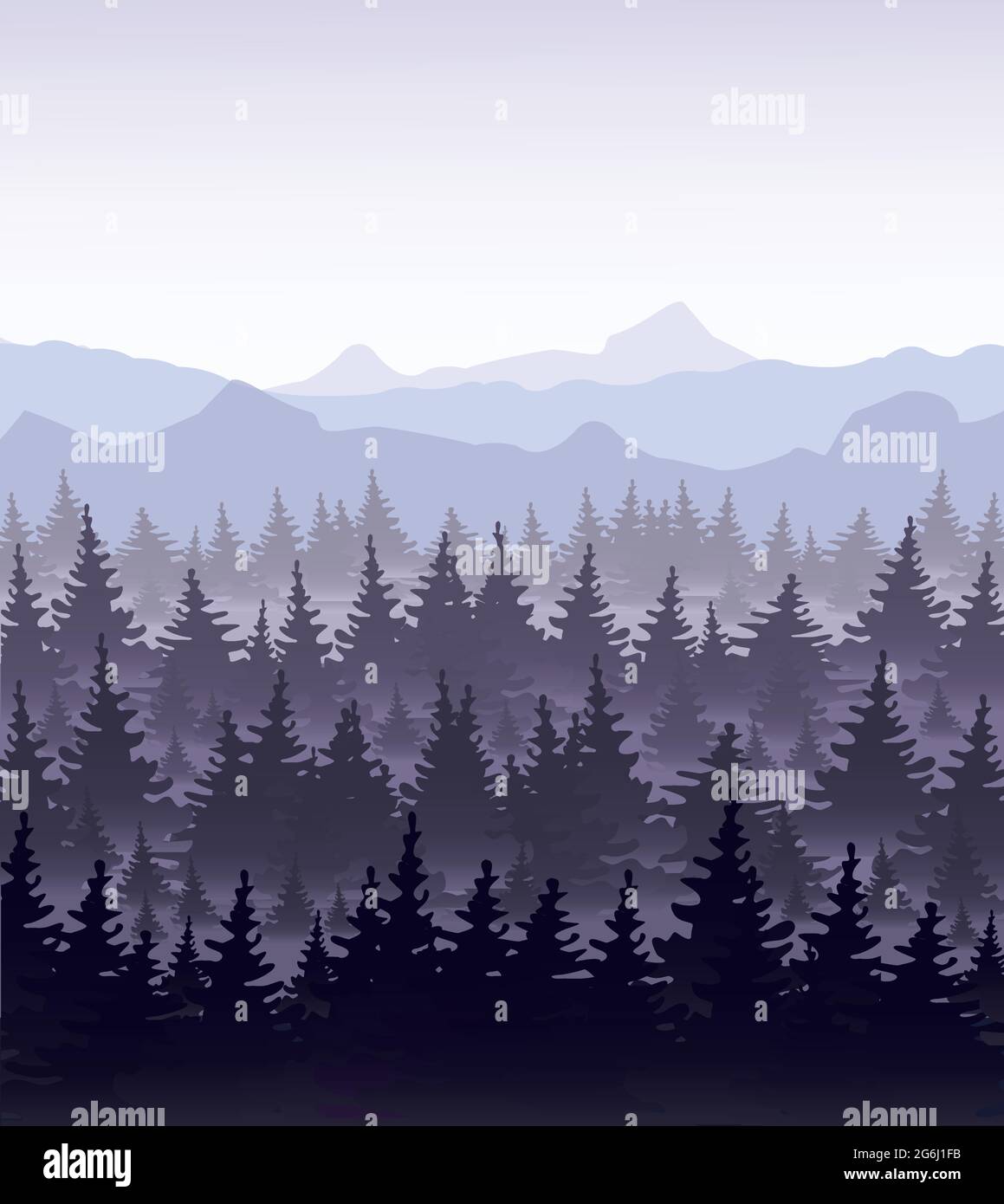 Vector illustration of pine forest in fog on mountains background. Coniferous forest, fir silhouette mysterious landscape of forest. Stock Vector