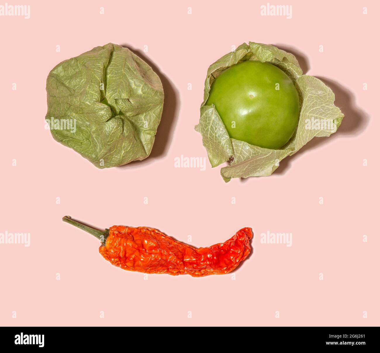 Smiley face! Winking tomatillo eyes and a chili pepper smile Stock