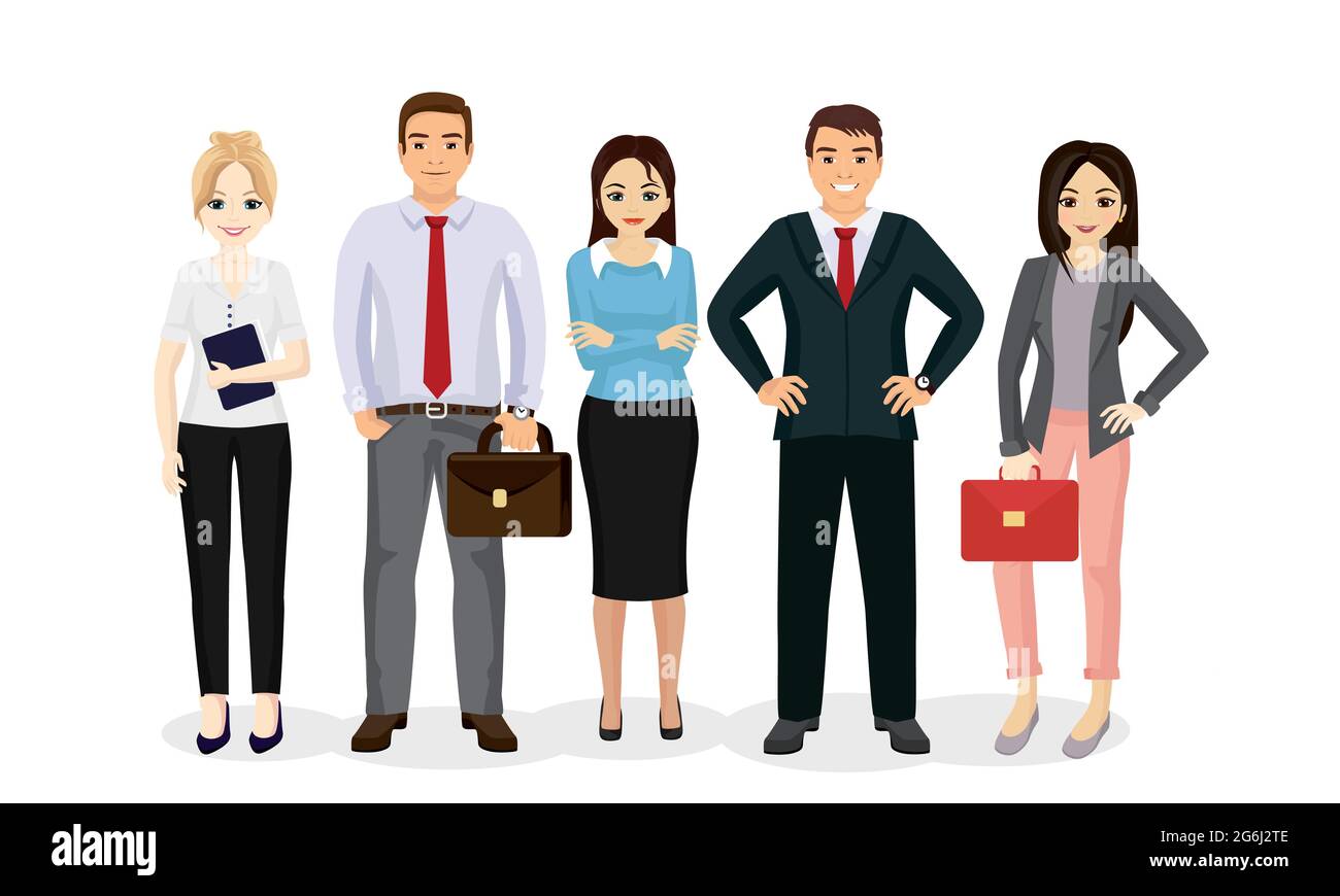 Vector illustration business people team. Happy and smile businessmen and businesswomen stand together in flat cartoon style. Stock Vector