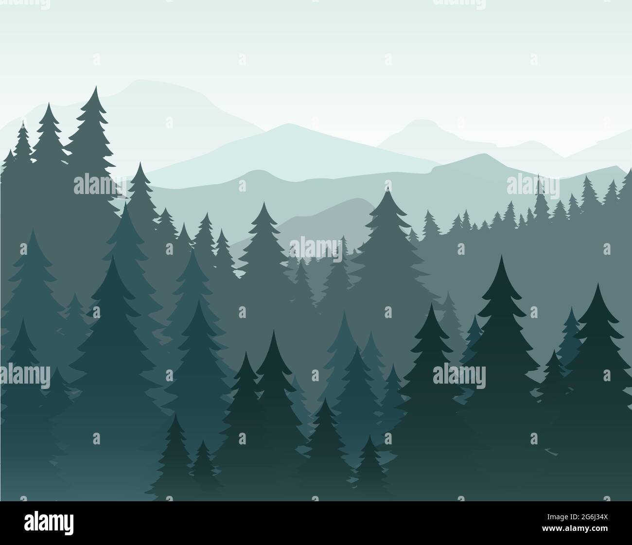 Vector illustration of pine forest and mountains vector background. Coniferous forest, fir silhouette and mountains in fog landscape. Stock Vector