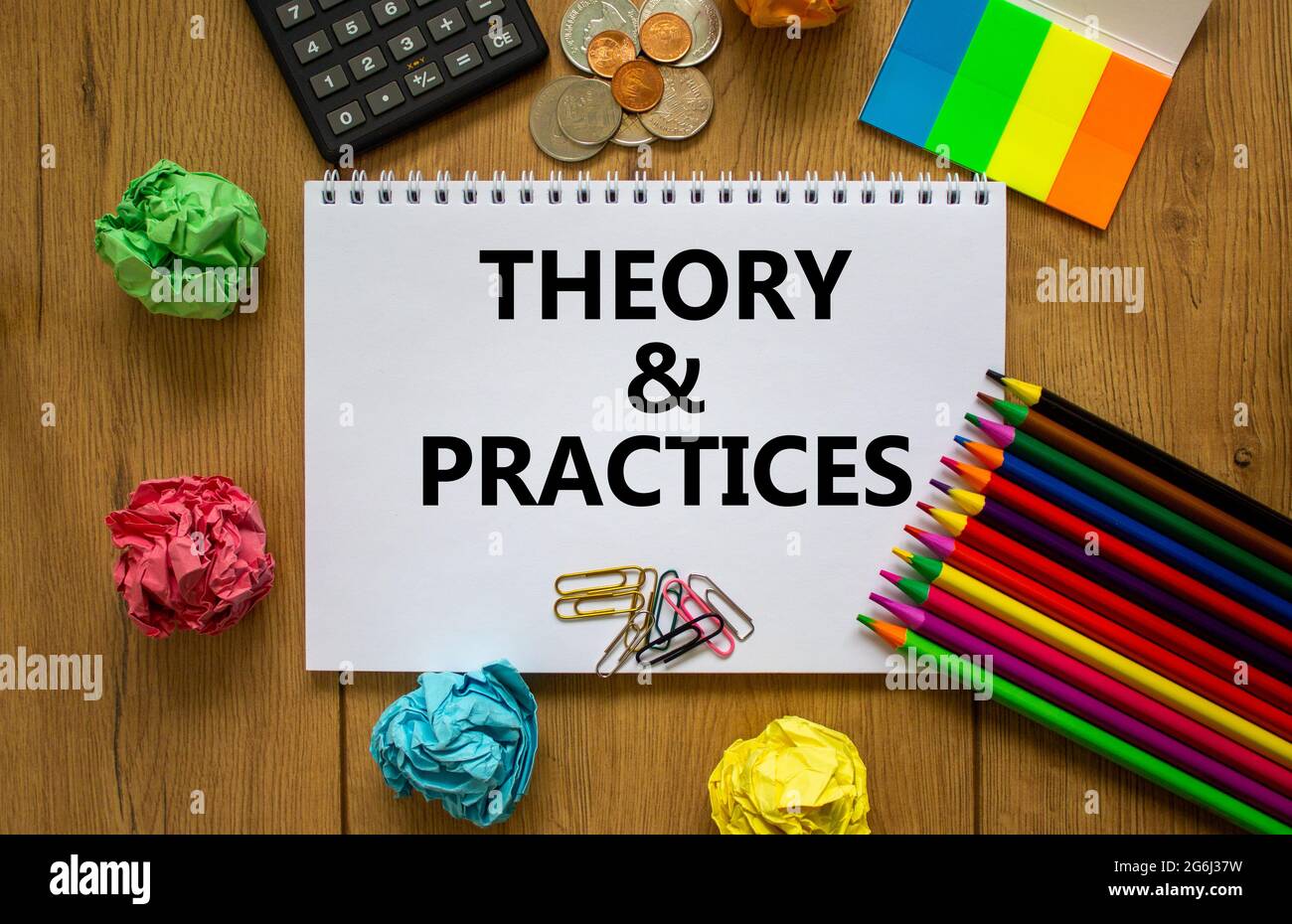 Theory and practice symbol. White note, words 'Theory and practice' on ...
