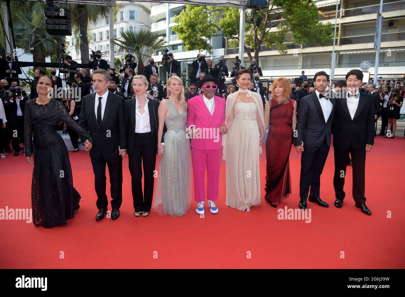 Cannes, France. 06th July, 2021. 74th Cannes Film Festival 2021, Red Carpet film : ‘Annette' and Opening ceremony. Pictured: Spike Lee, Melanie Laurent, Mylene Farmer, Jessica Hausner, Maggie Gyllenhaal, Mati Diop, Tahar Rahim, Song Kang-ho, Kleber Mendonca Filho Credit: Independent Photo Agency/Alamy Live News Stock Photo