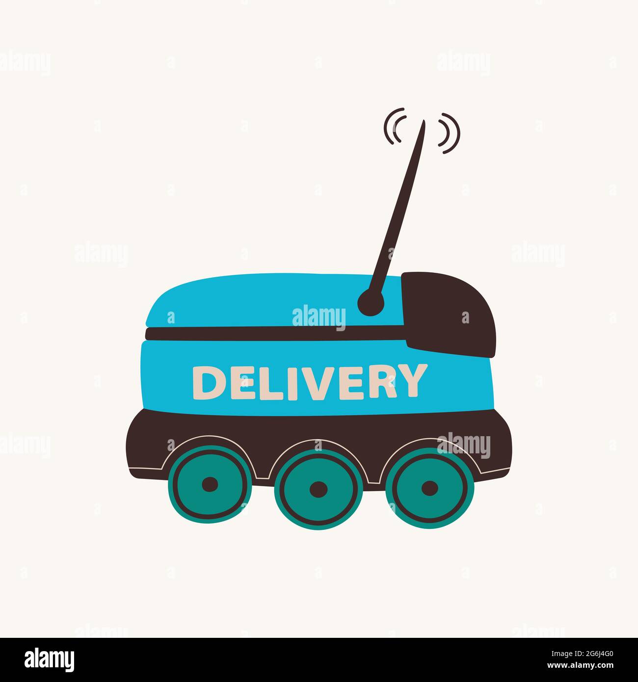 Delivery Robot. Unmanned delivery service on wheels. Smart bot for transporting food and goods. Vector cartoon isolated element for design. Stock Vector
