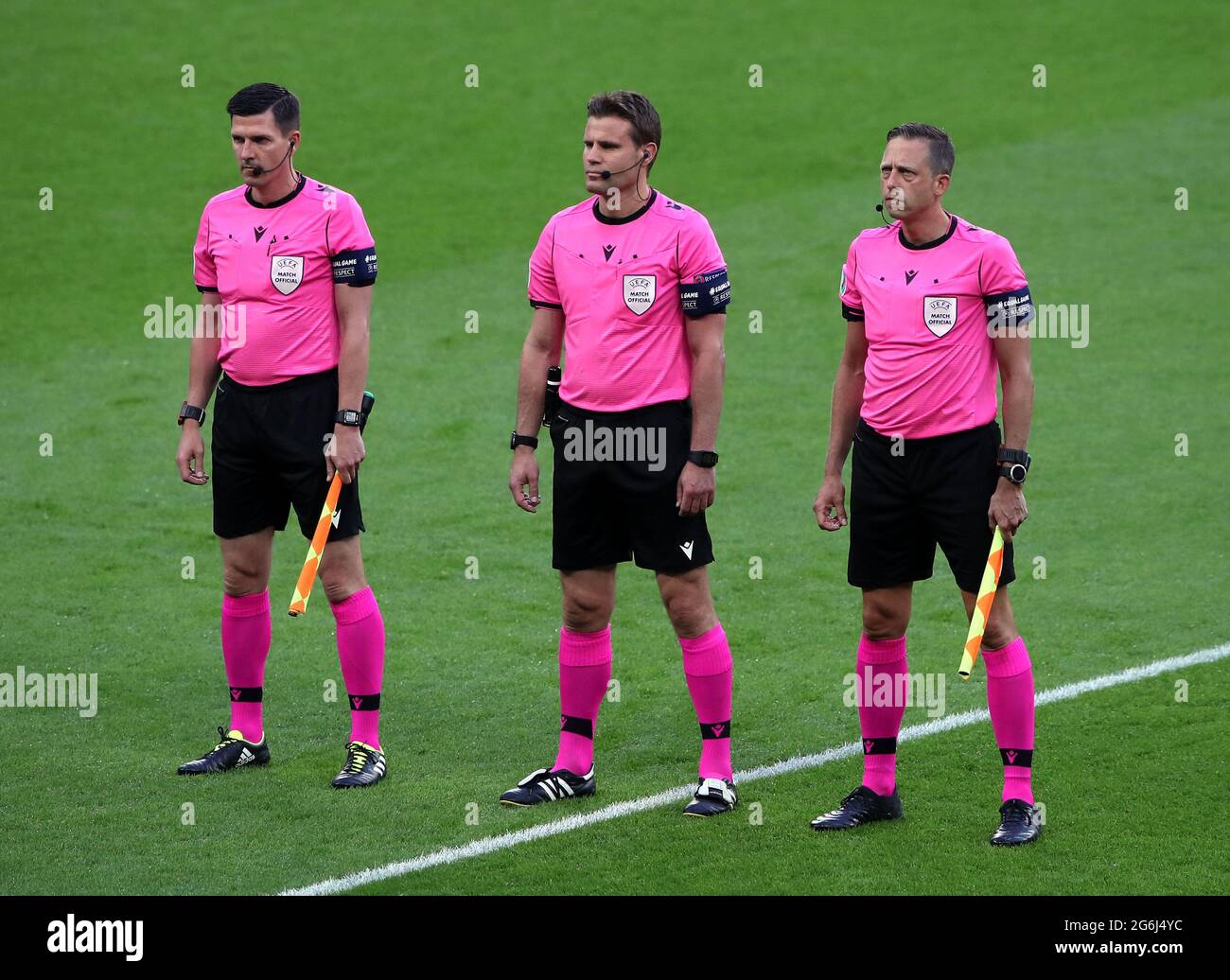 Match officials Stefan Lupp, Felix Brych and Marck Borsch before the UEFA Euro 2020 semi final match at Wembley Stadium, London. Picture date: Tuesday July 6, 2021. Stock Photo