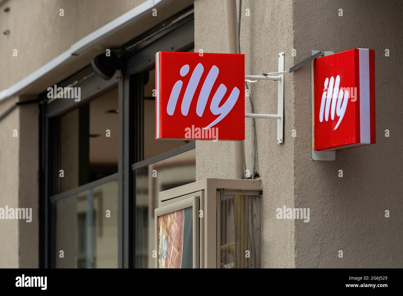 Illy Coffee sign at façade of a coffeehouse in Karakoy, Istanbul - Turkey. Stock Photo