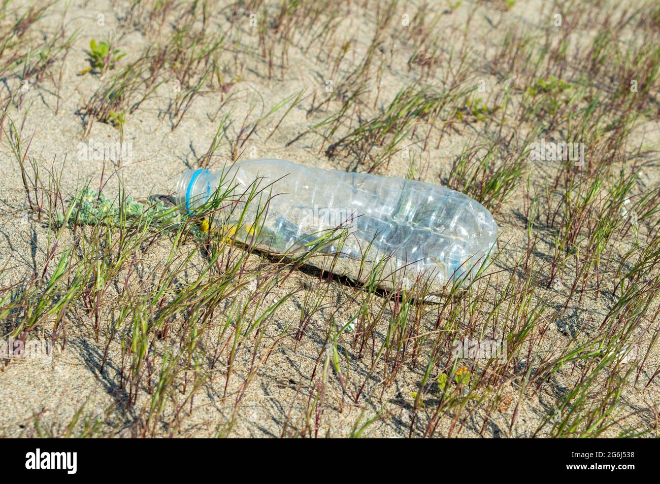 Waste plastic water bottle on the beach.Beat Plastic Pollution.beach pollution.plastic bottles on sea beach.ecological concept.Close-up bottle plastic. Stock Photo