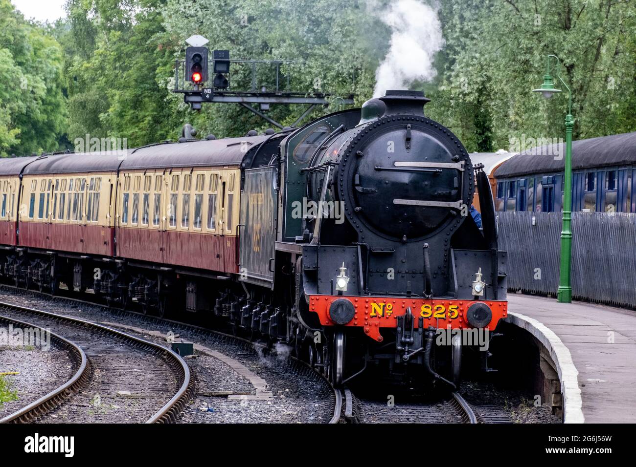 Steam engine 825 pulls into Pickering Station, North Yorkshire Moors Railways , Pickering , a popular visitor attraction Stock Photo