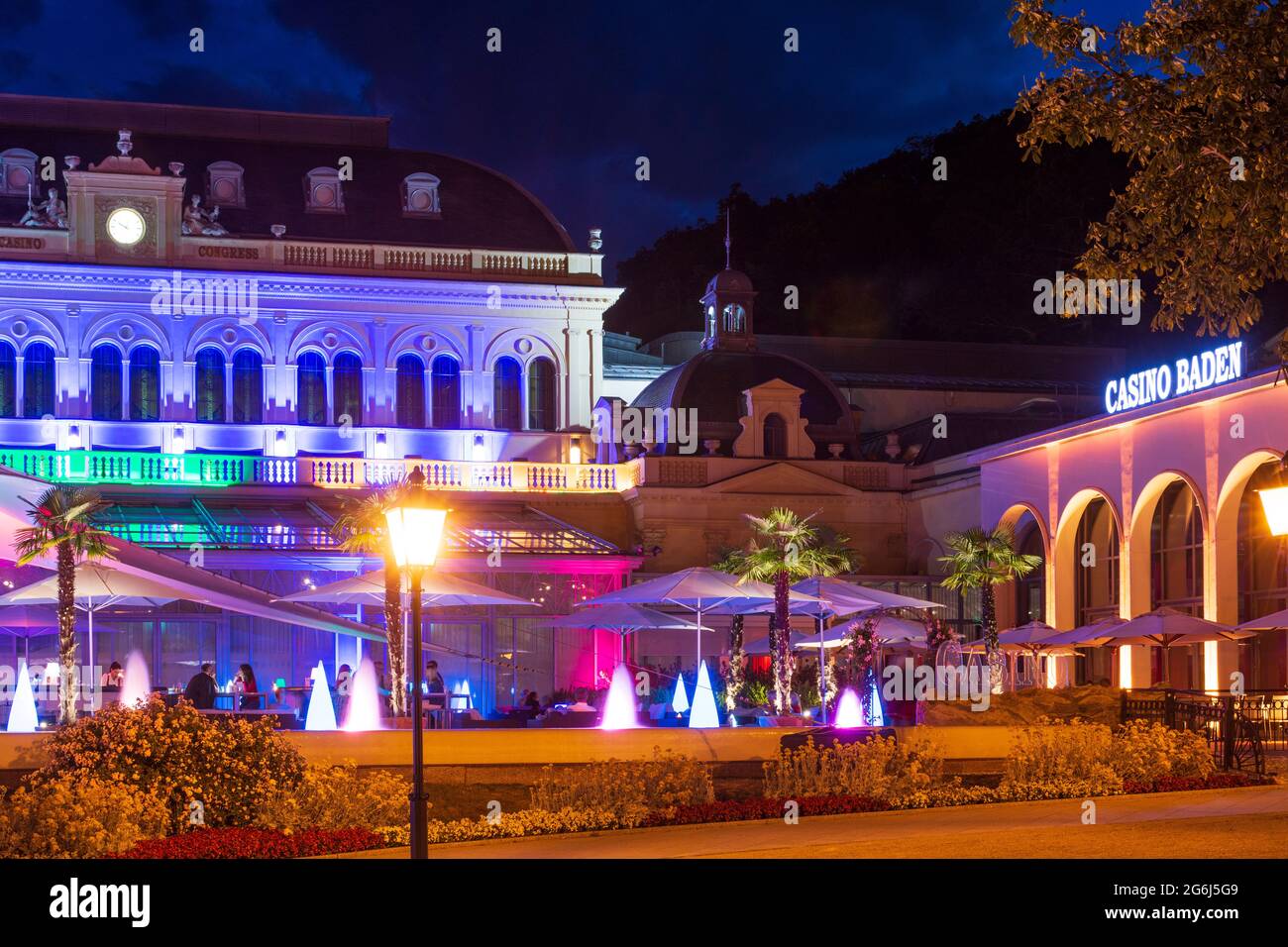 Baden: Casino with restaurant and bar, view from the park Kurpark side,  largest casino in Europe including a congress and event center in Wienerwald, Stock Photo