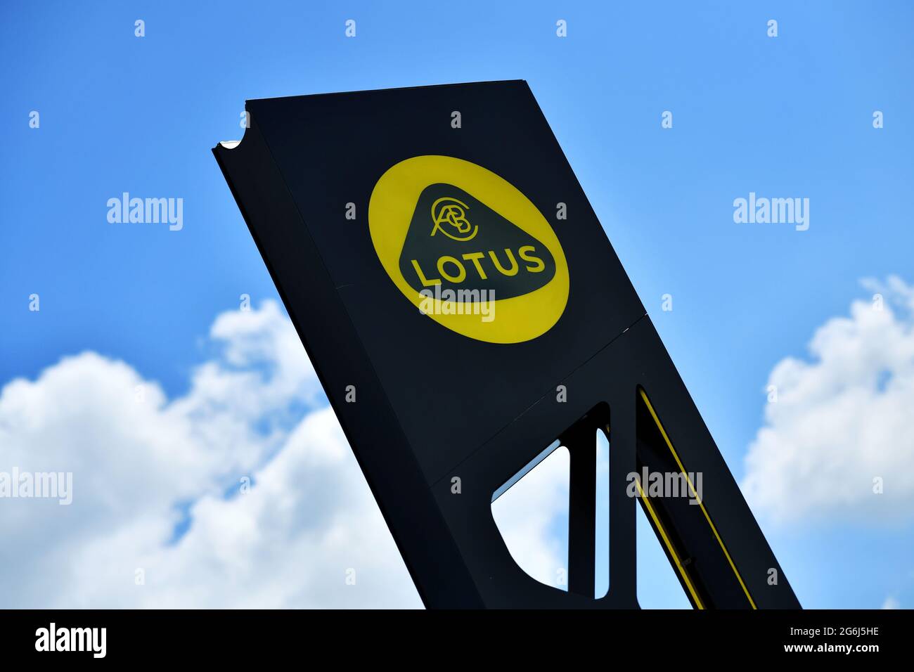 A Lotus sign is seen at the car plant headquarters in Hethel, Britain June 23, 2021. Picture taken June 23, 2021.    REUTERS/Dylan Martinez Stock Photo