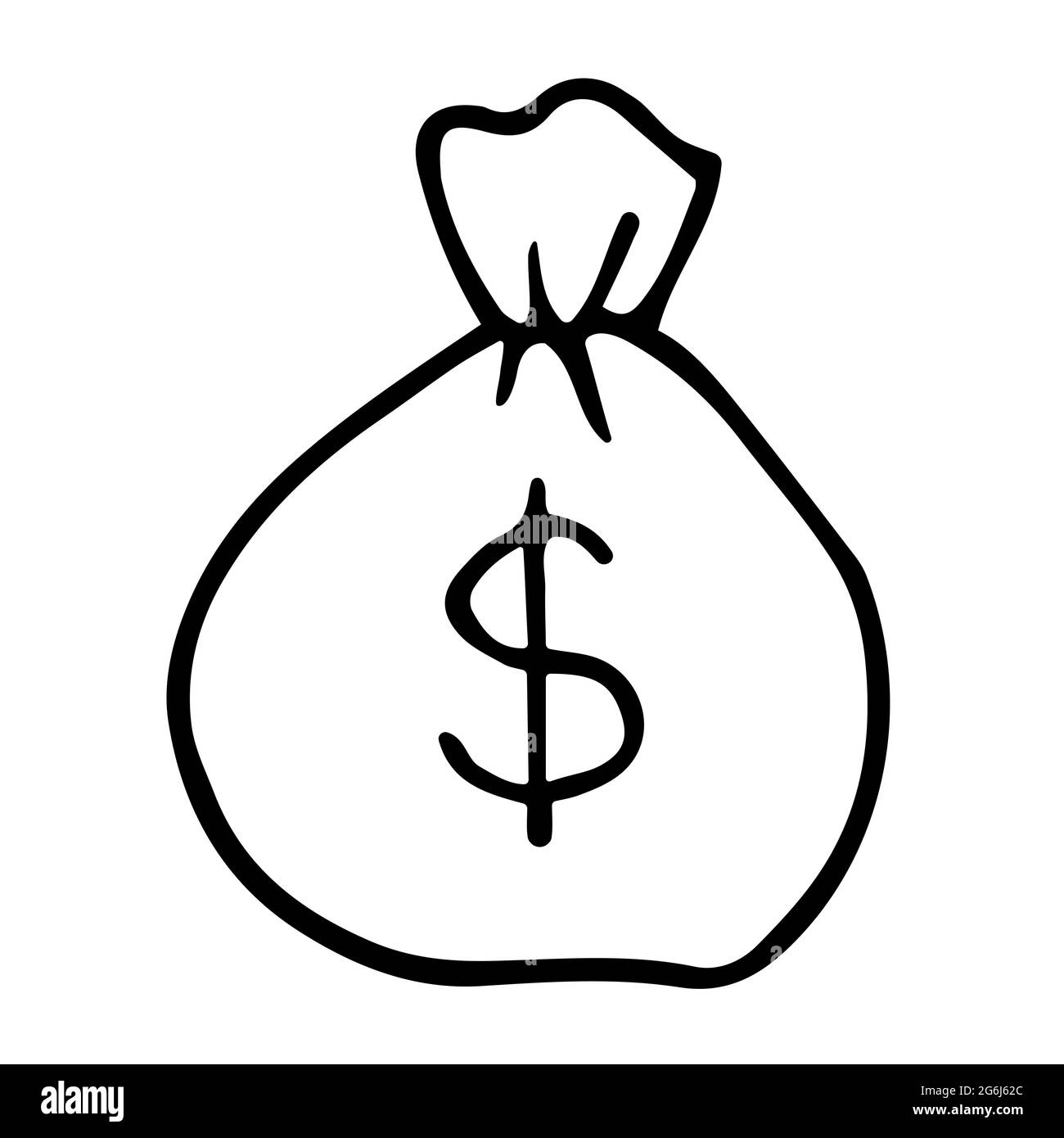 Bag of money with dollar sign. Vector illustration in doodle style. Black and white symbol of bag with cash. Hand drawn logo. Stock Vector