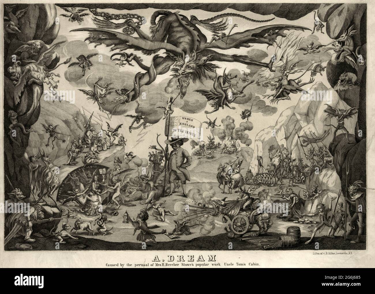 A dream caused by the perusal of Mrs. H. Beecher Stowe's popular work Uncle Tom's Cabin - An imaginative and biting satire on Harriet Beecher Stowe and her recently published antislavery novel 'Uncle Tom's Cabin.' Printed serially beginning in June 1851, the novel first appeared in book form in 1852. The artist has concocted a chaotic, nightmarish vision, where armies of demons and other monsters battle in a barren, desert setting reminiscent of the infernal visions of Hieronymus Bosch and Jacques Callot. (Murrell points out, in fact, that the plate borrows its central motif--an enormous flyin Stock Photo