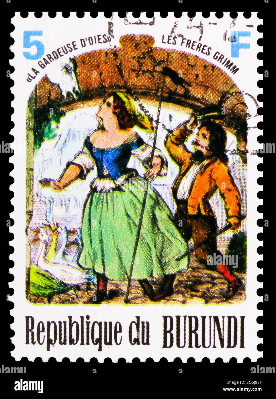 MOSCOW, RUSSIA - MARCH 21, 2020: Postage stamp printed in Burundi shows The Brothers Grimm, La Gardeuse D'oies, Fairy tales and fables serie, circa 19 Stock Photo