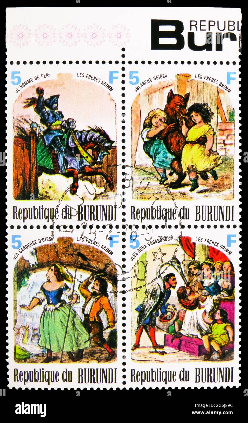 MOSCOW, RUSSIA - MARCH 21, 2020: Four postage stamps printed in Burundi from Fairy tales and fables serie, circa 1977 Stock Photo