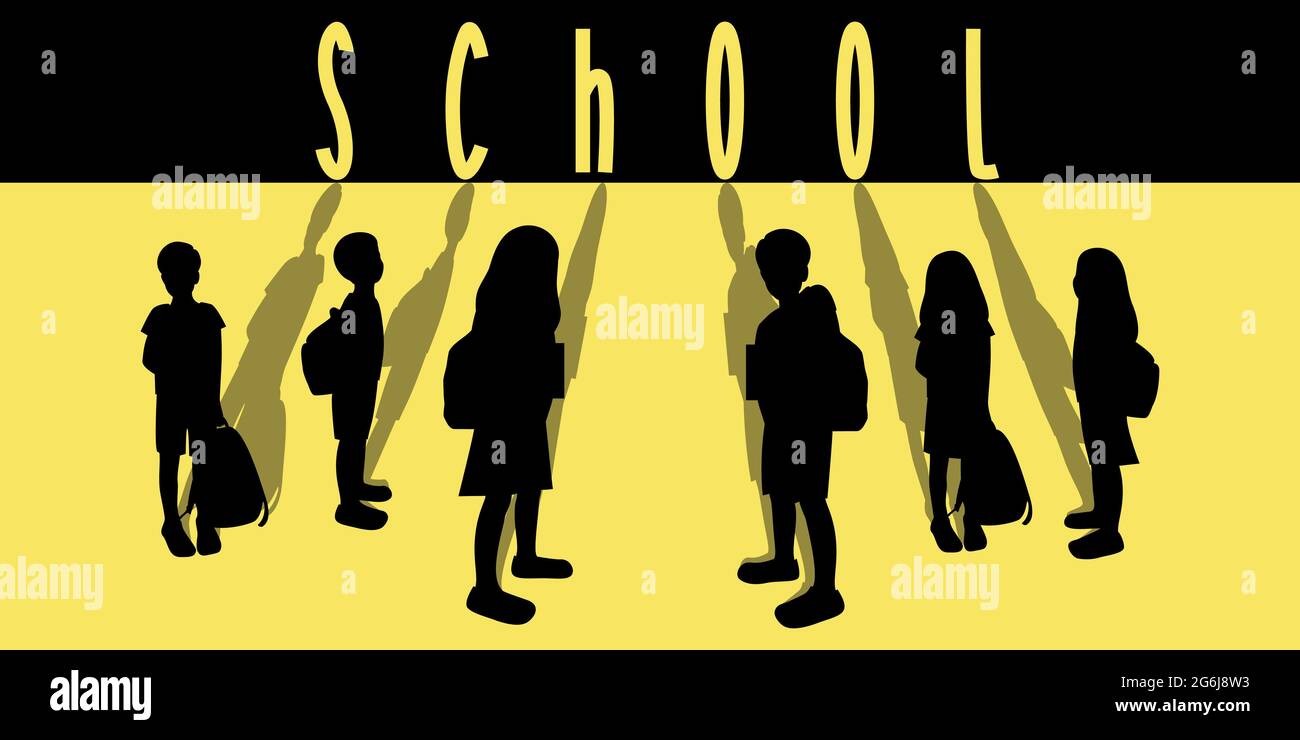 Poster or banner concept of schoolchildren silhouetttes with shadows, pupils with backpacks, background text school black and yellow vector illustration Stock Vector