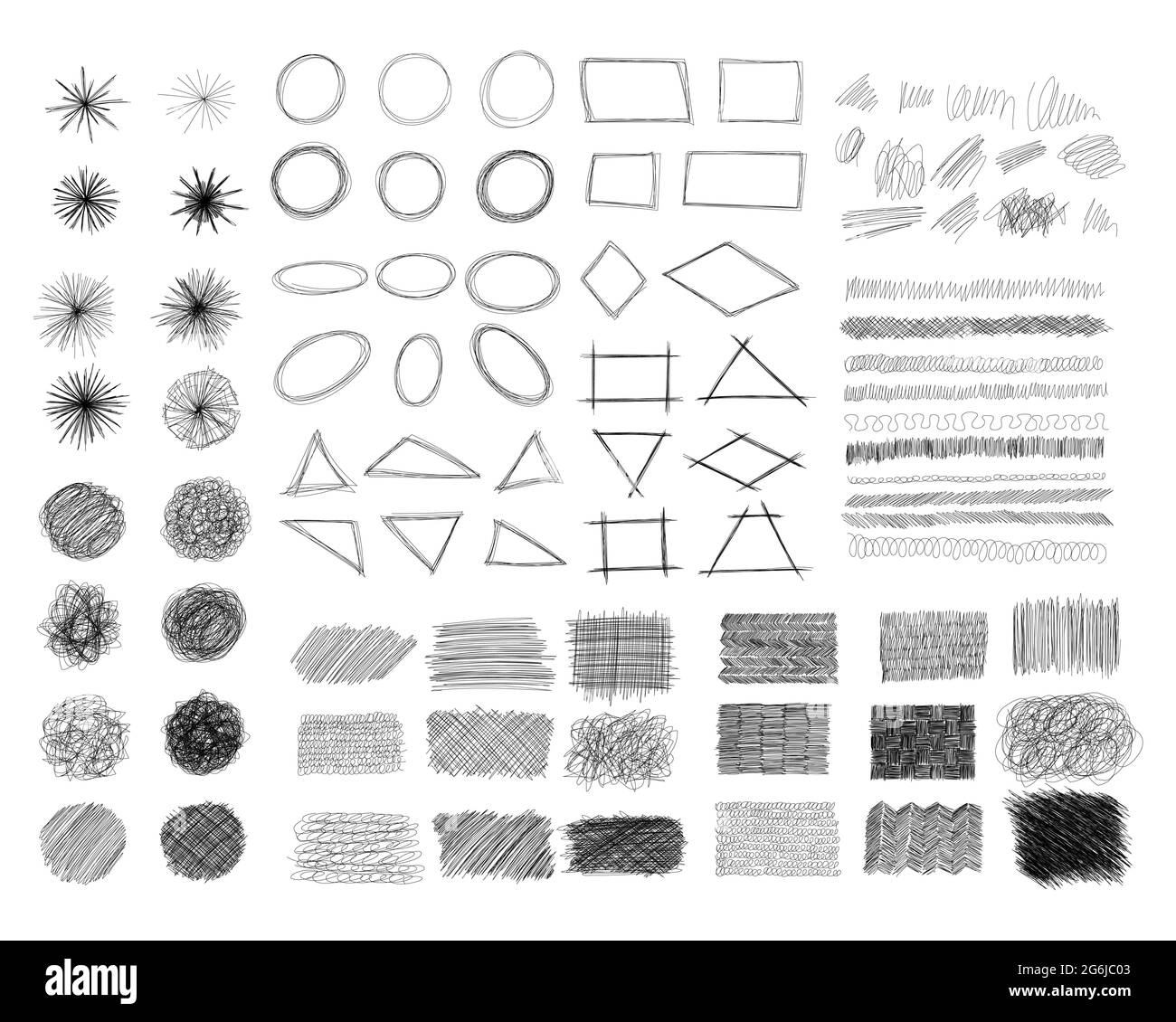 Ink pen scrawl collection - various shapes of hand drawn scribble line drawings. Stock Vector